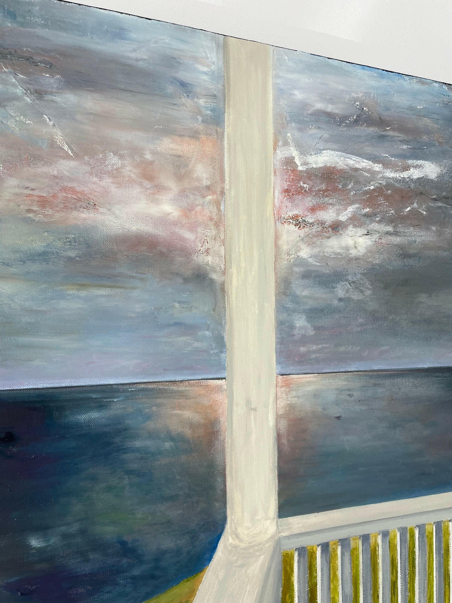 Detail of textured brushwork in ‘View from the Porch,’ a landscape-inspired abstract with rustic elegance – Caroline Adrienne