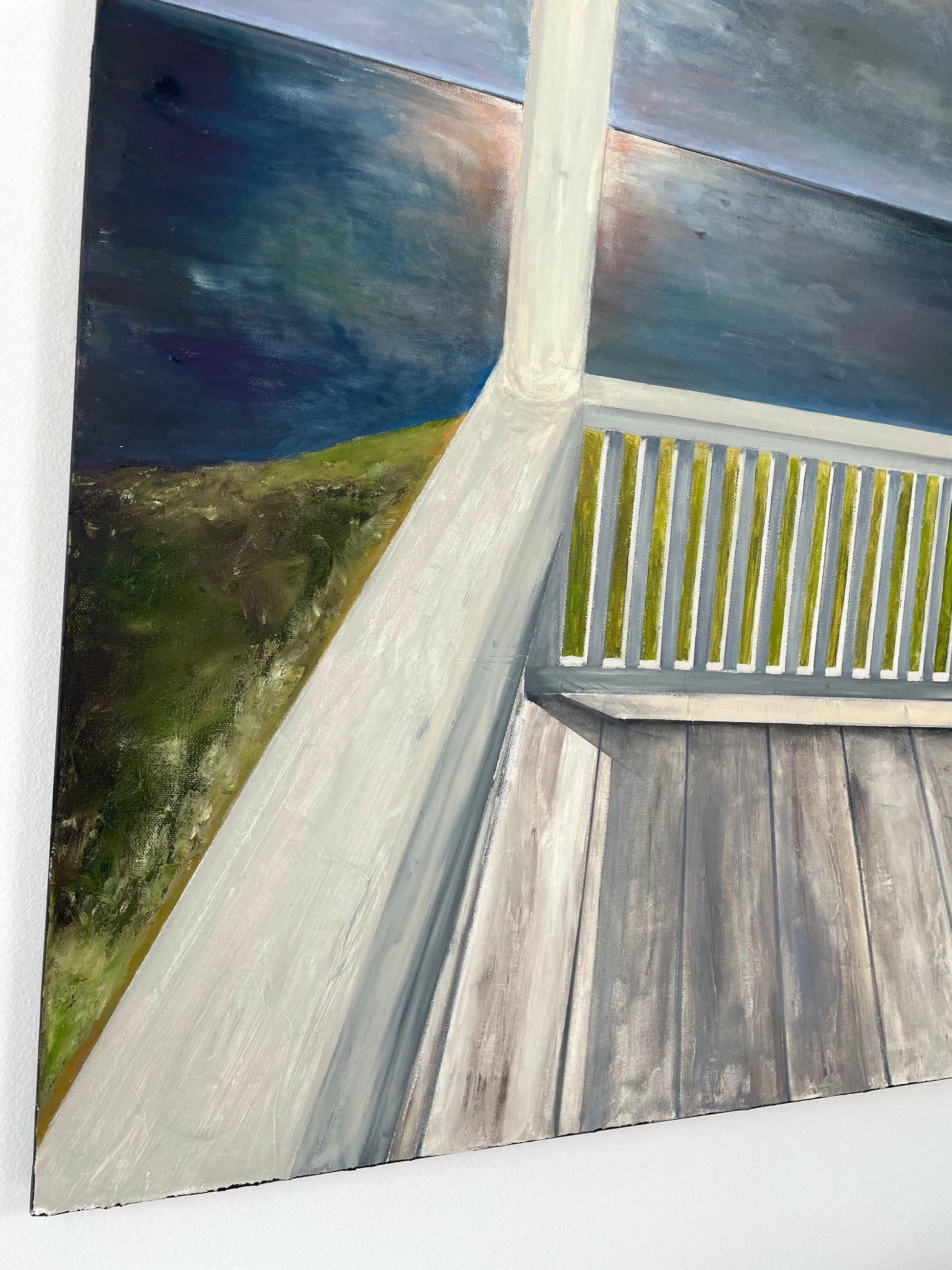 Detail of textured brushwork in ‘View from the Porch,’ a landscape-inspired abstract with rustic elegance – Caroline Adrienne