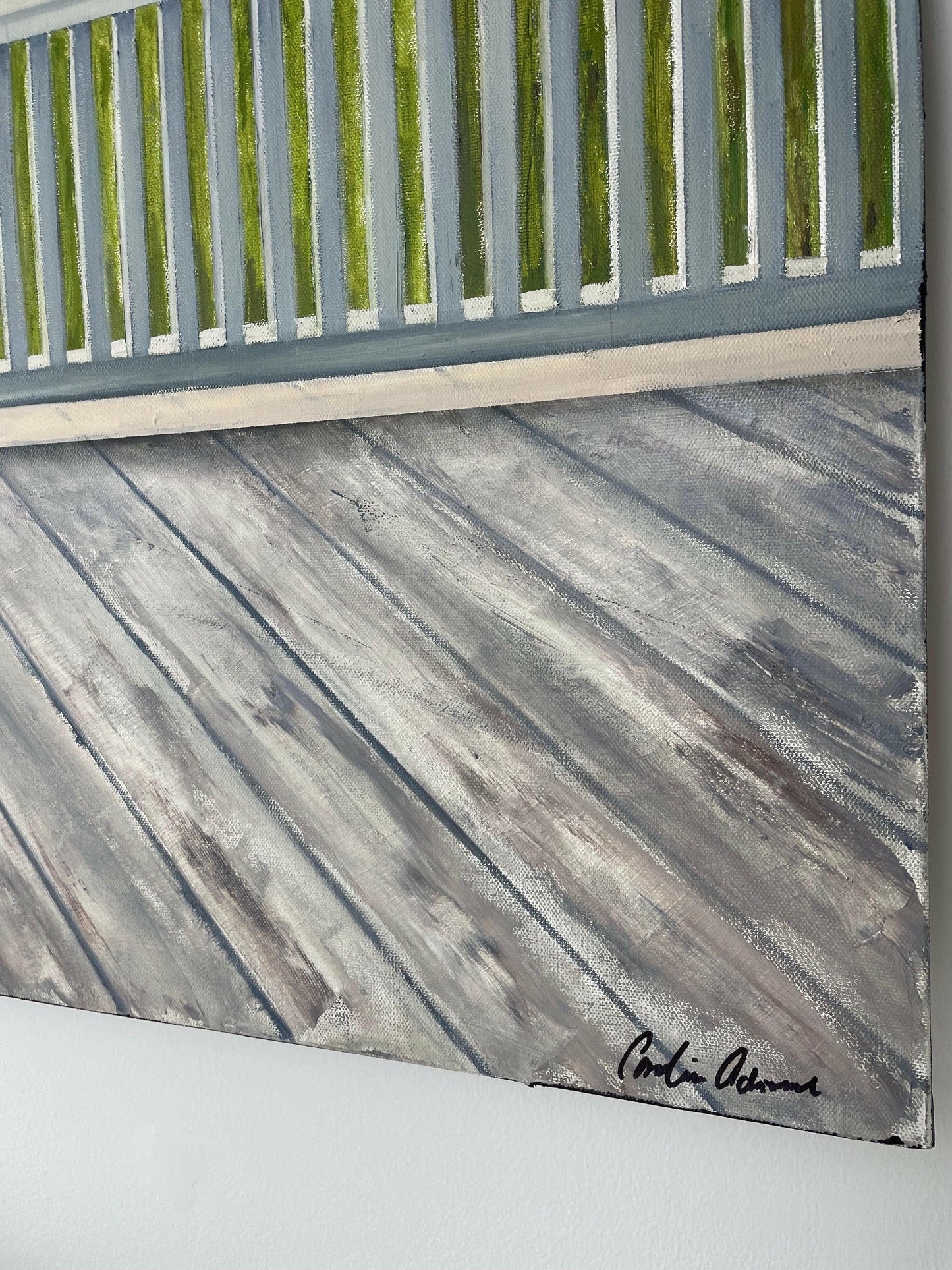 Detail of textured brushwork in ‘View from the Porch,’ a landscape-inspired abstract with rustic elegance – Caroline Adrienne