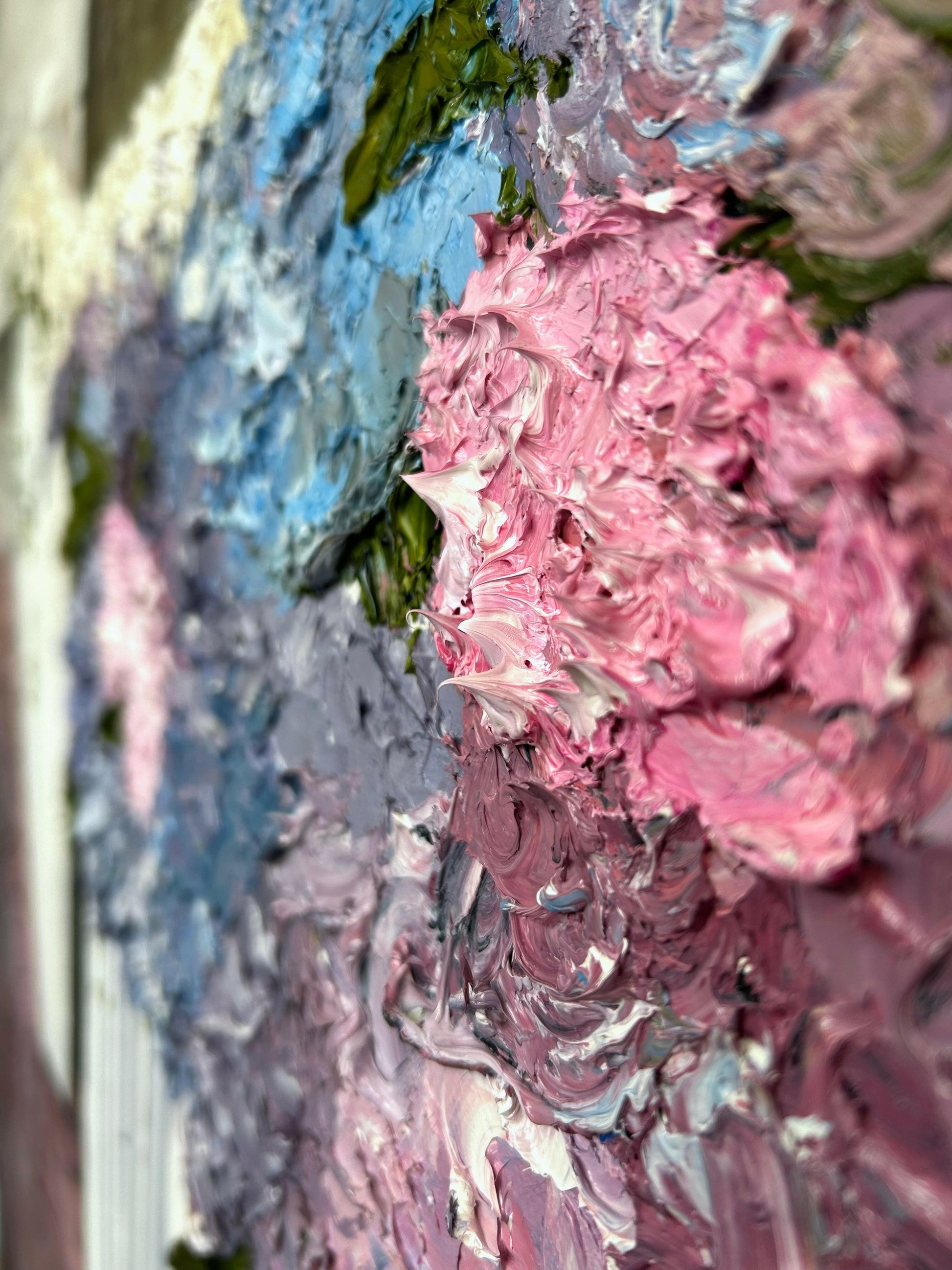 Detailed close-up of the textured hydrangeas in “Hydrangeas on Nantucket,” capturing the intricate layers and vibrant colors of this coastal-inspired artwork.