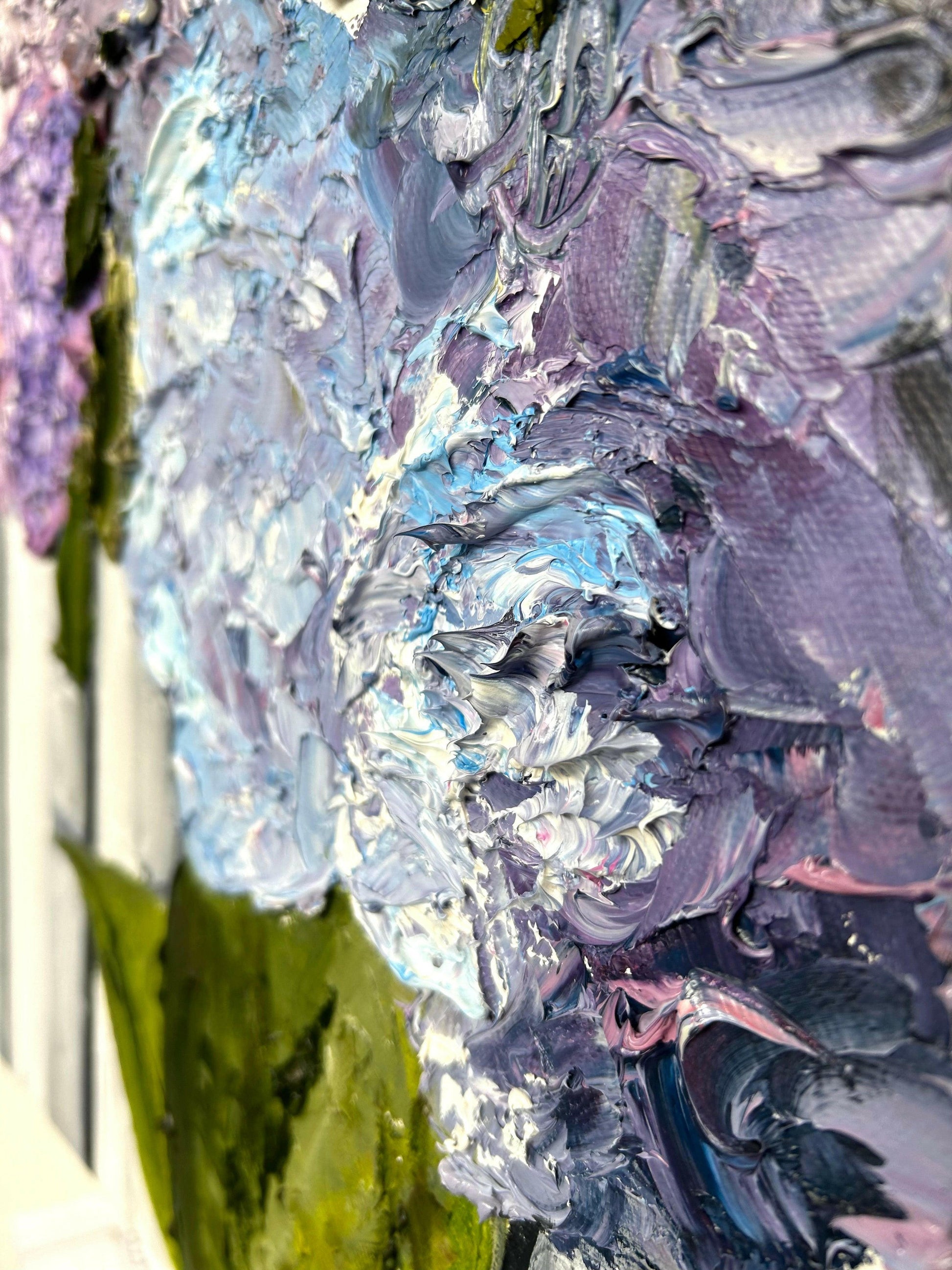 Detailed close-up of the textured hydrangeas in “Hydrangeas on Nantucket,” capturing the intricate layers and vibrant colors of this coastal-inspired artwork.