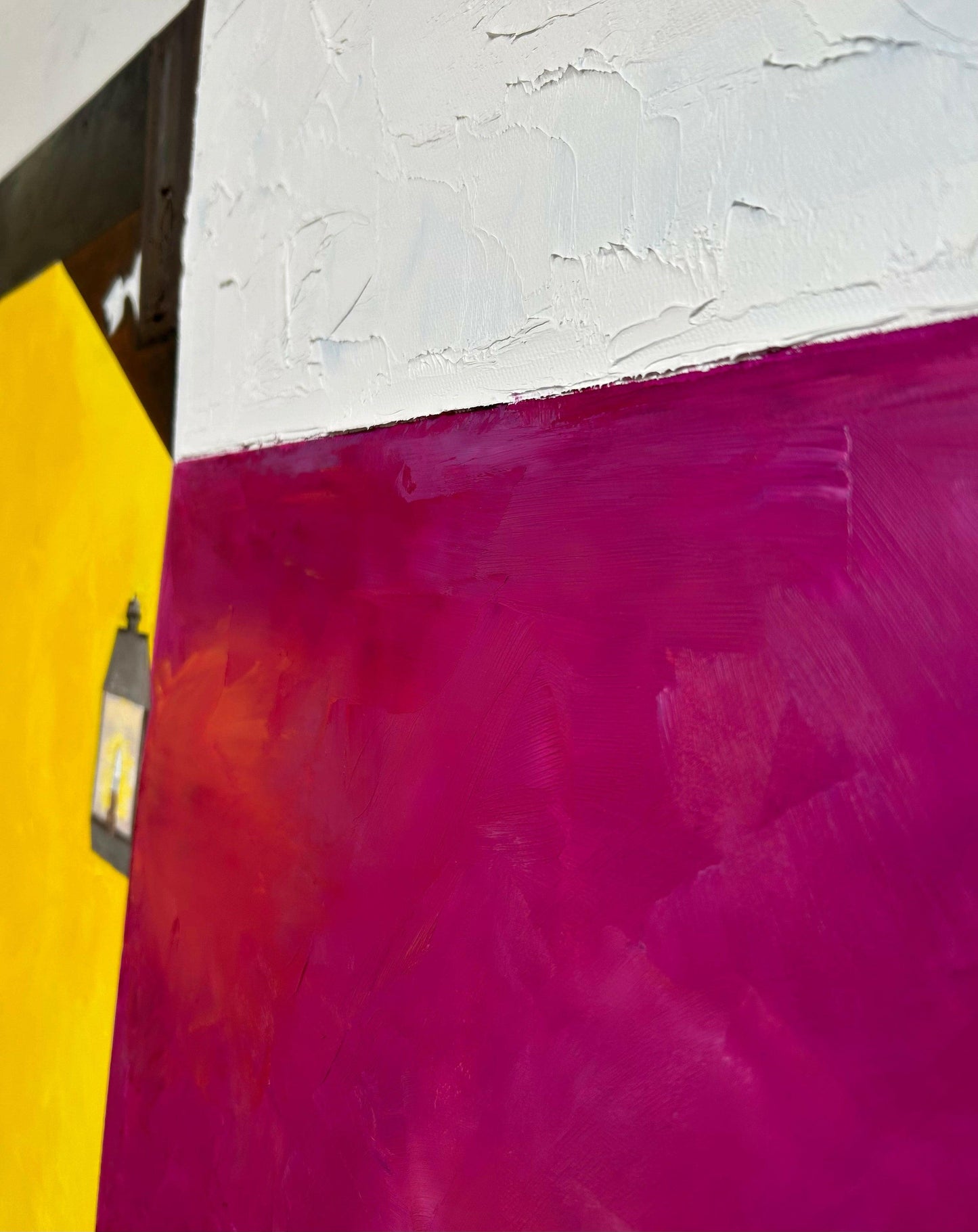 Side angle of “Local Mexican Restaurant” painting, emphasizing the vibrant color palette and energetic ambiance, ideal for adding personality to contemporary interiors.