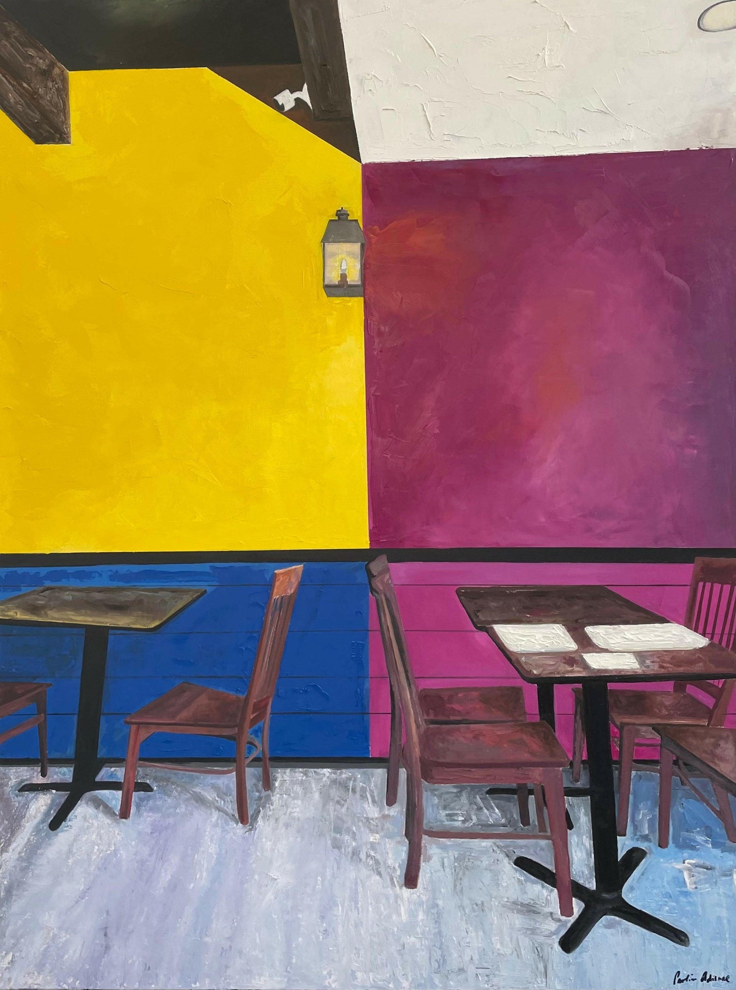 Close-up of The Local Mexican Restaurant painting – Rich texture and vibrant palette – Caroline Adrienne