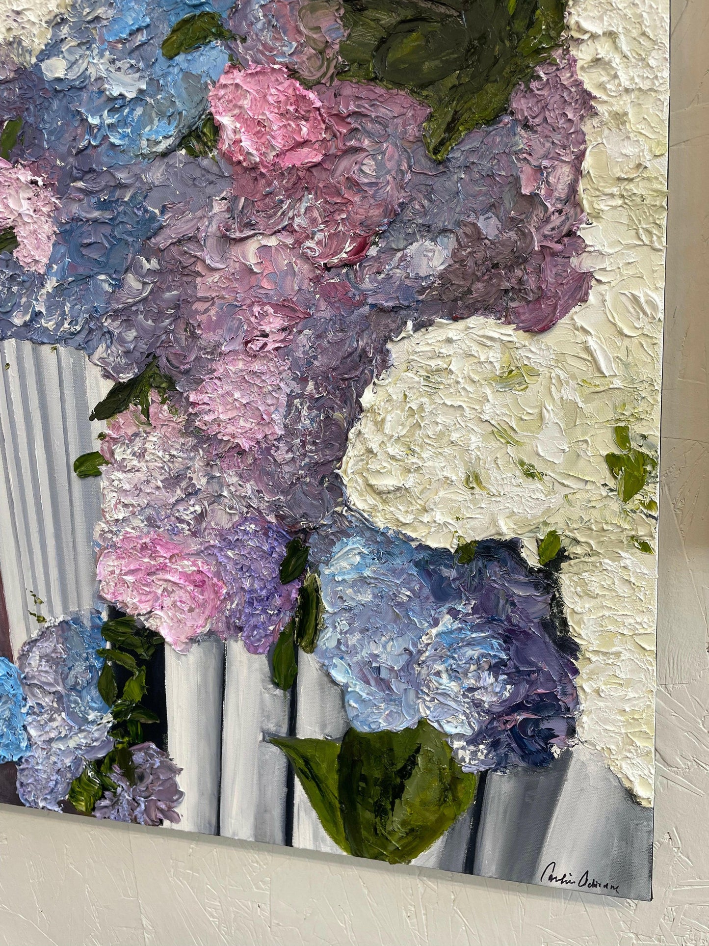 Detailed close-up of the textured hydrangeas in “Hydrangeas on Nantucket,” capturing the intricate layers and vibrant colors of this coastal-inspired artwork.