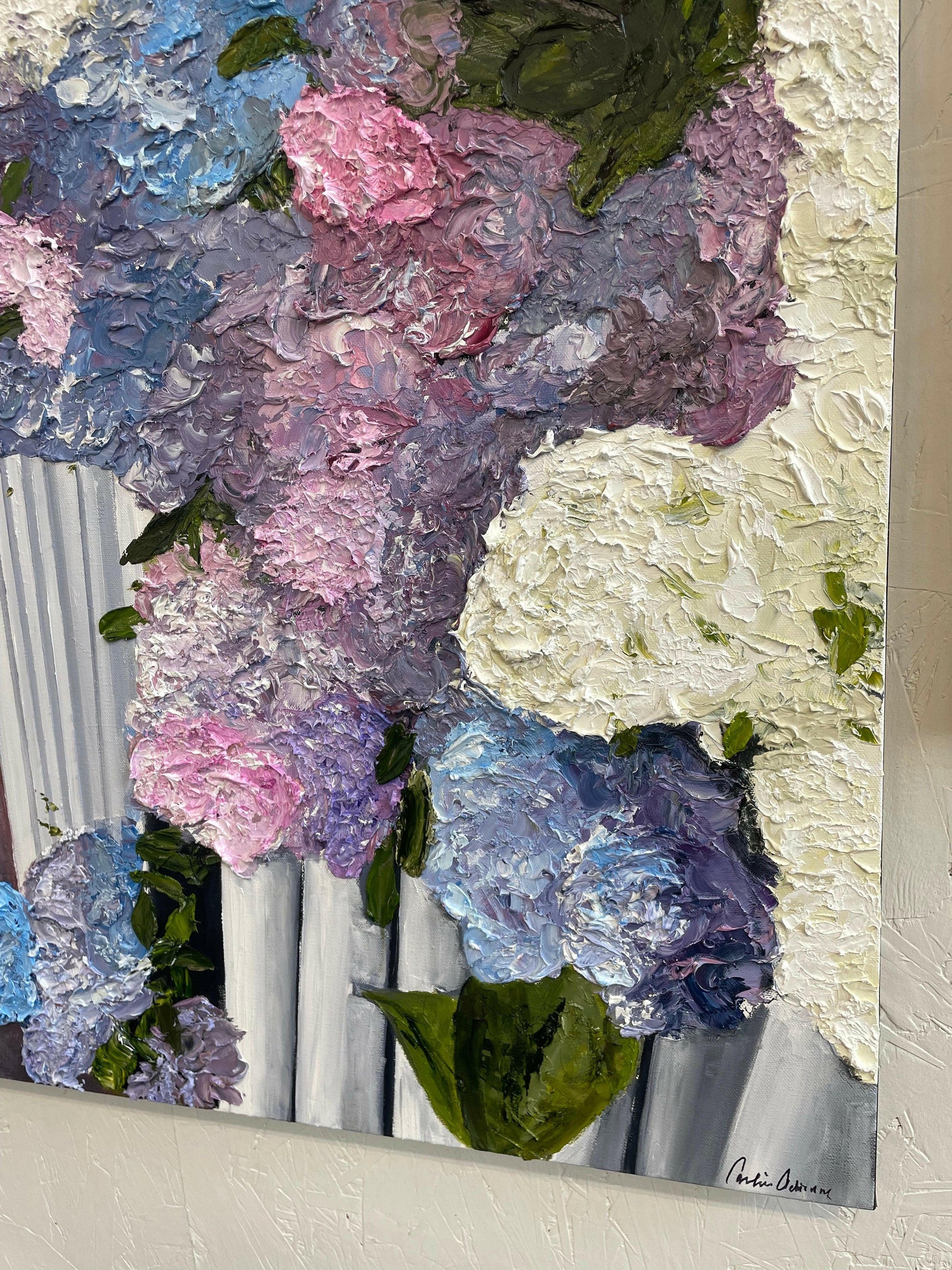 Detailed close-up of the textured hydrangeas in “Hydrangeas on Nantucket,” capturing the intricate layers and vibrant colors of this coastal-inspired artwork.