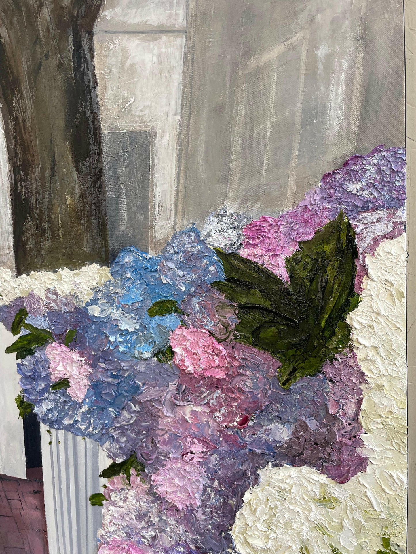 Sunlight enhancing the rich colors and textured details in “Hydrangeas on Nantucket,” showcasing the bright, airy coastal vibe of this artwork.