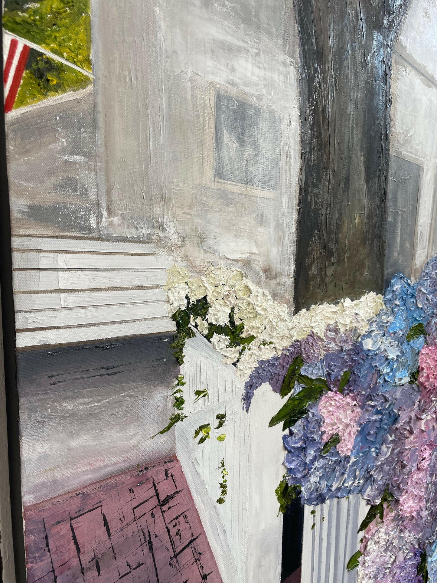 Sunlight enhancing the rich colors and textured details in “Hydrangeas on Nantucket,” showcasing the bright, airy coastal vibe of this artwork.