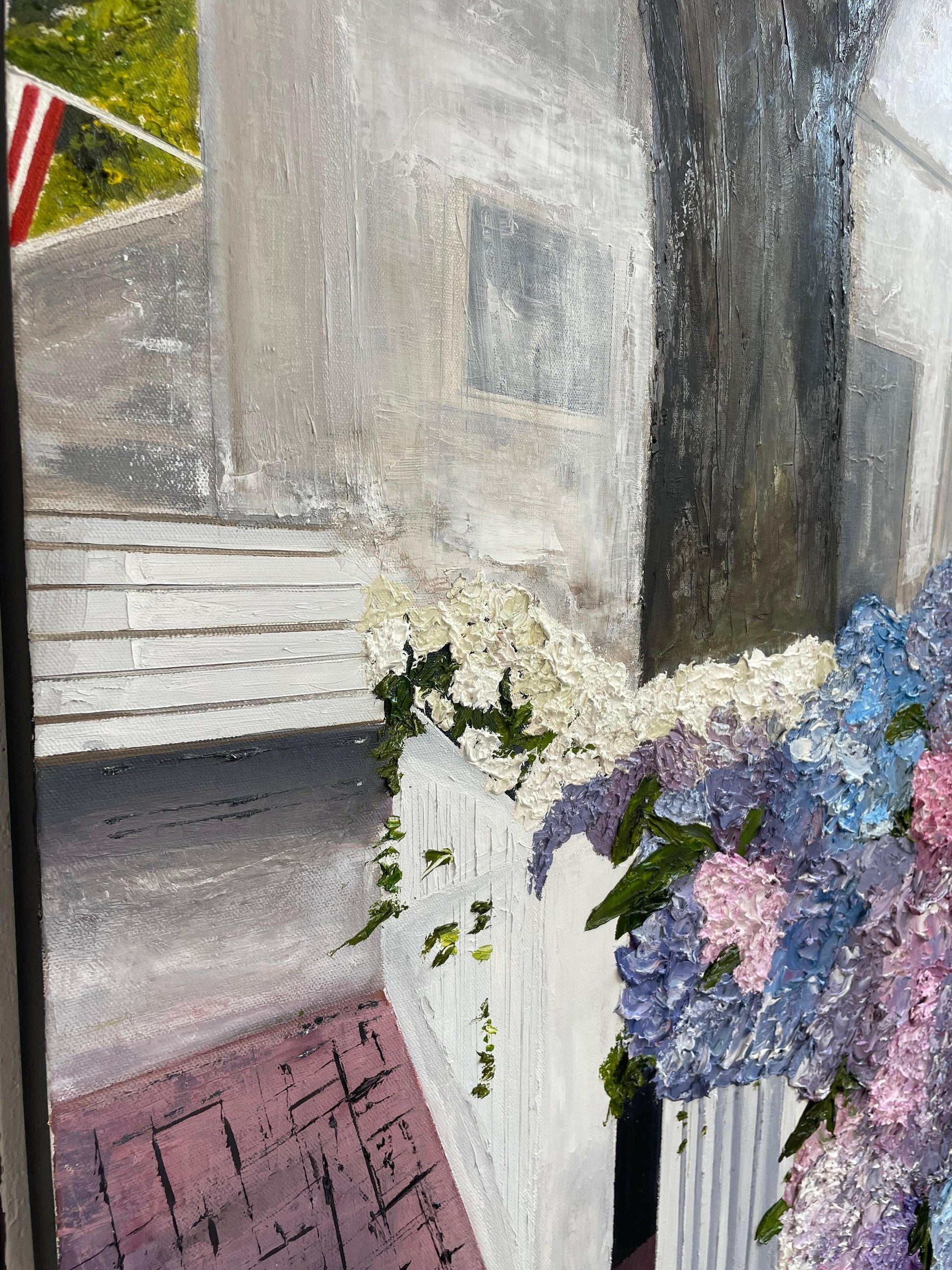 Sunlight enhancing the rich colors and textured details in “Hydrangeas on Nantucket,” showcasing the bright, airy coastal vibe of this artwork.