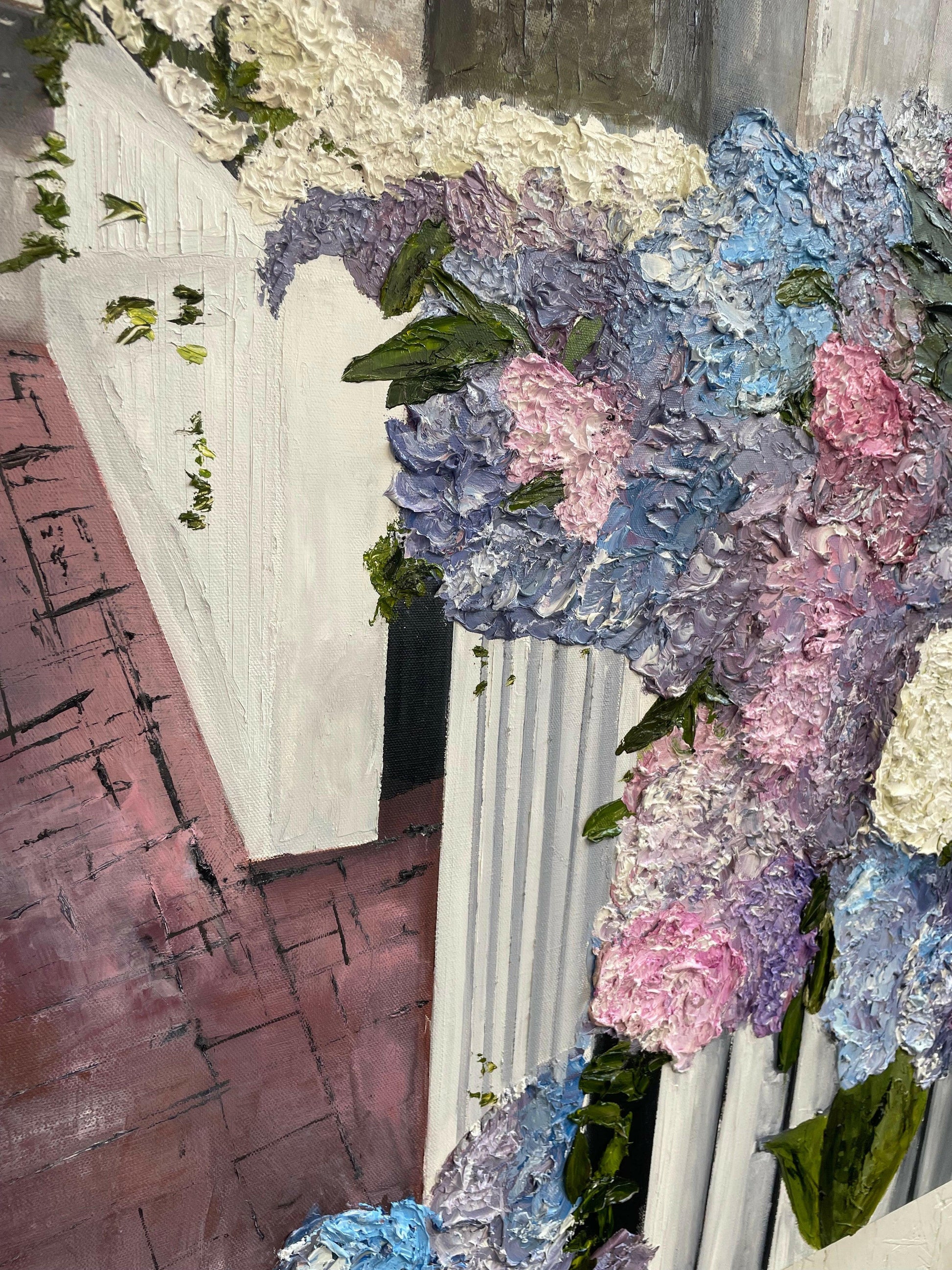 Side angle of “Hydrangeas on Nantucket” oil painting, showing the stunning texture and depth in the flowers and coastal street scene.