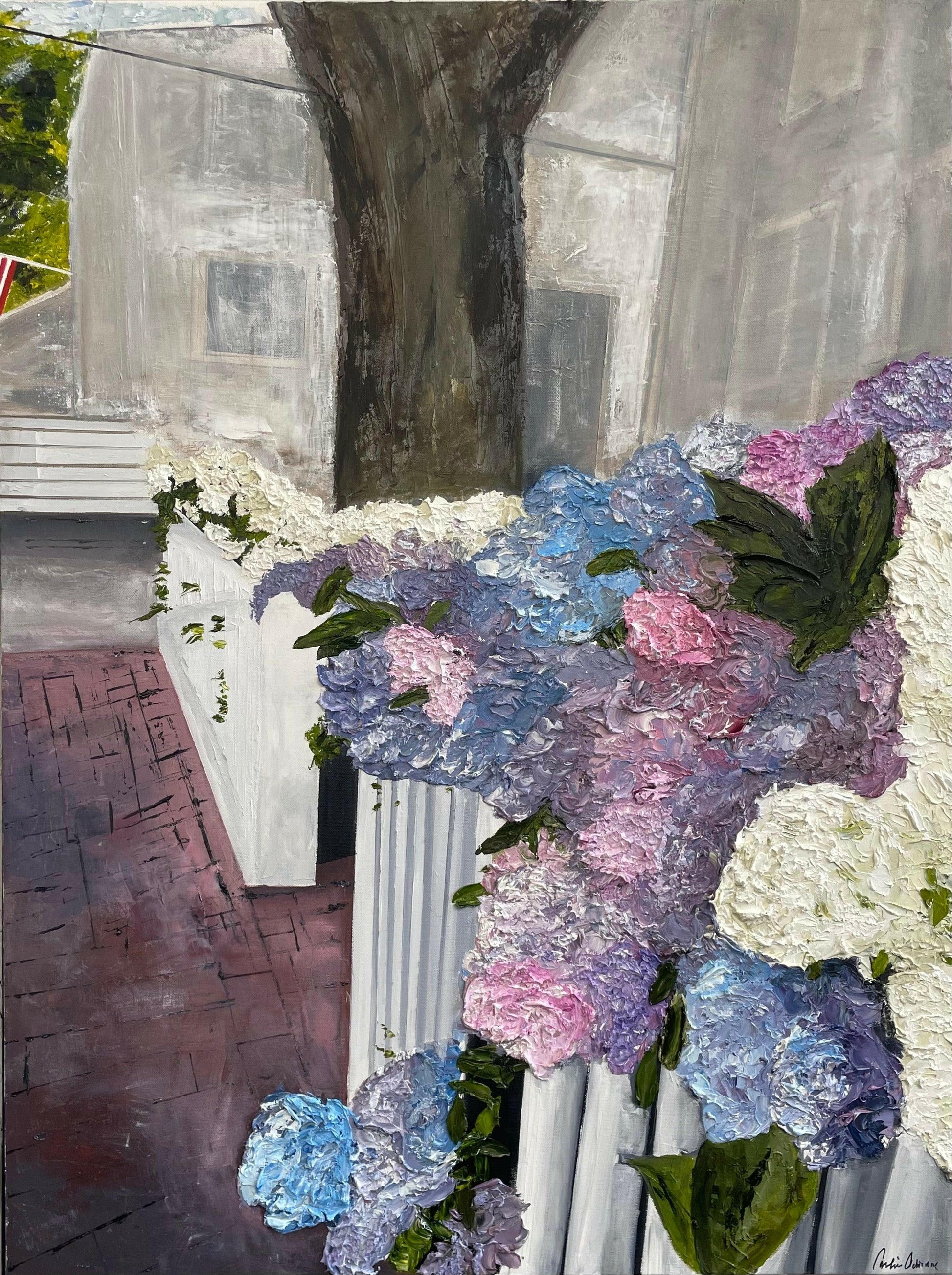 Full view of “Hydrangeas on Nantucket,” featuring a charming Nantucket street with lush hydrangeas and a tree-lined backdrop, perfect for luxury coastal interiors.