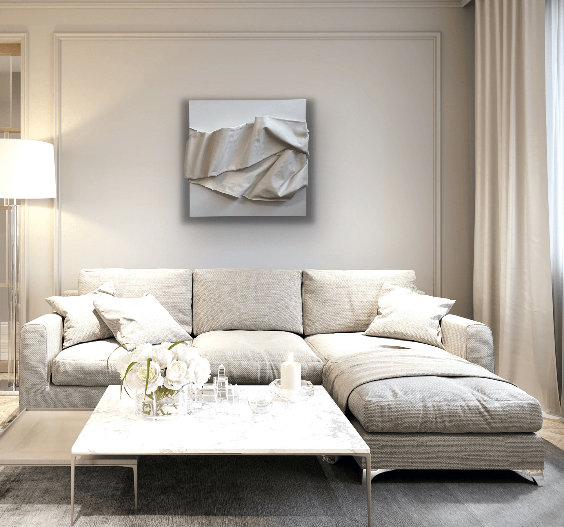 Sophia – Sculptural white mixed media painting with bold 3D texture and refined minimalist style – Caroline Adrienne Art