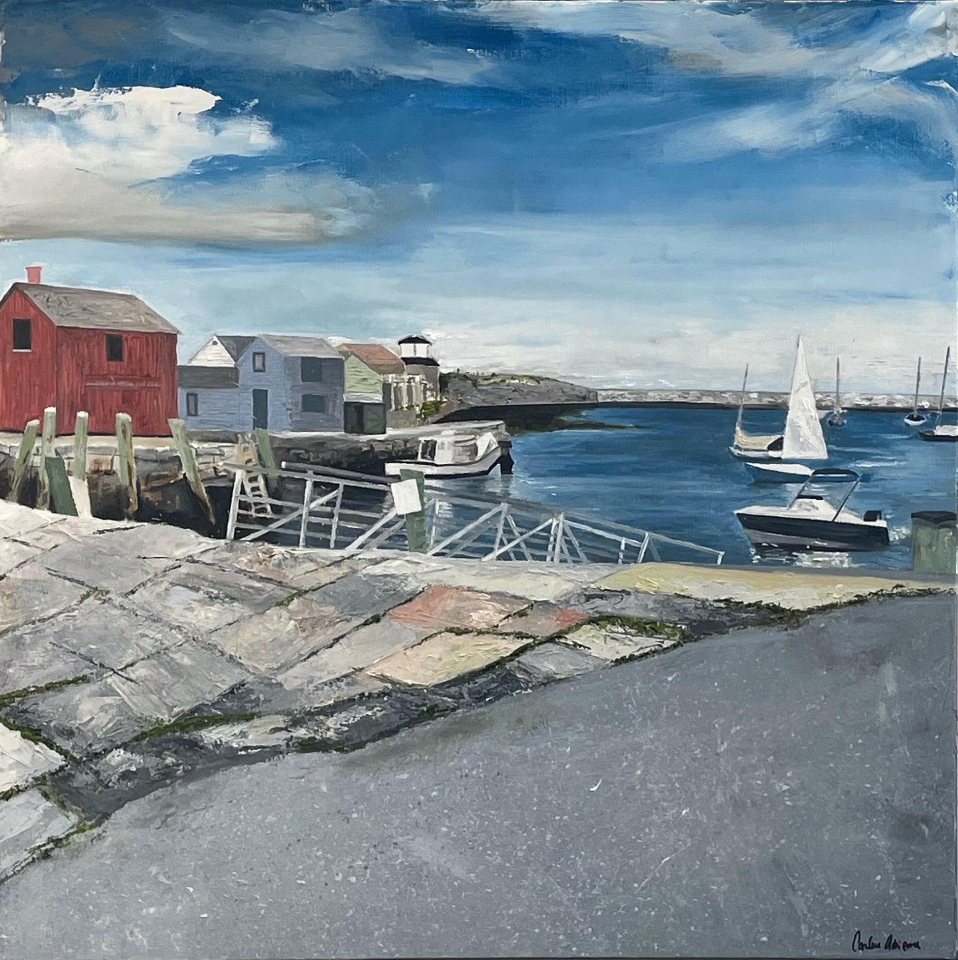 Detail view of Rockport MA painting - Natural tones inspired by Rockport’s seascape - Caroline Adrienne Art