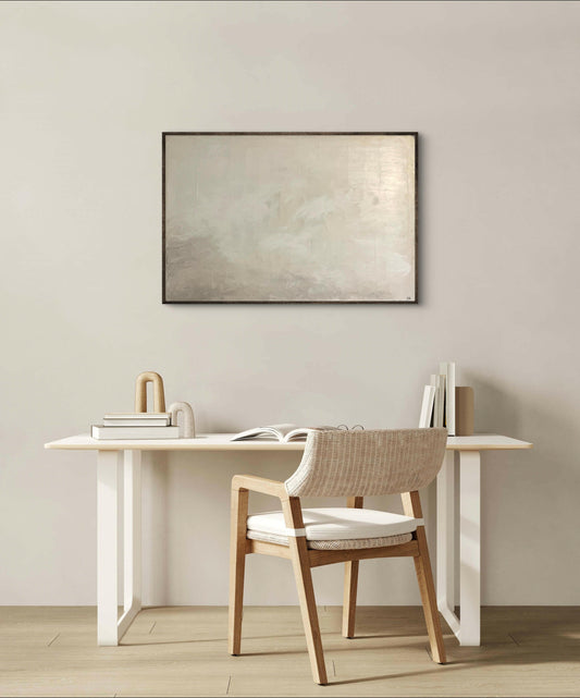 ‘Innocence’ – Soft abstract painting in pale neutral tones with gentle texture and flowing composition, evoking calm and simplicity – Caroline Adrienne Art