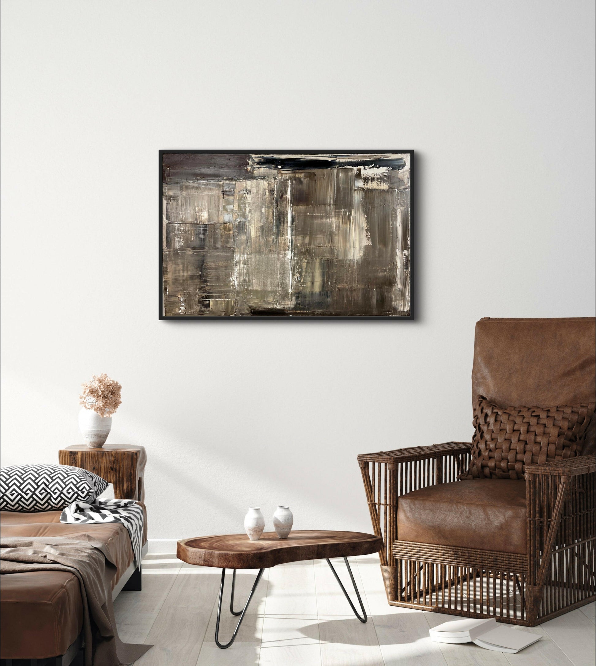 Sophisticated abstract painting titled 'Ralph Lauren Brown,' with deep, rich brown tones and layered texture, perfect for a timeless, luxury interior.