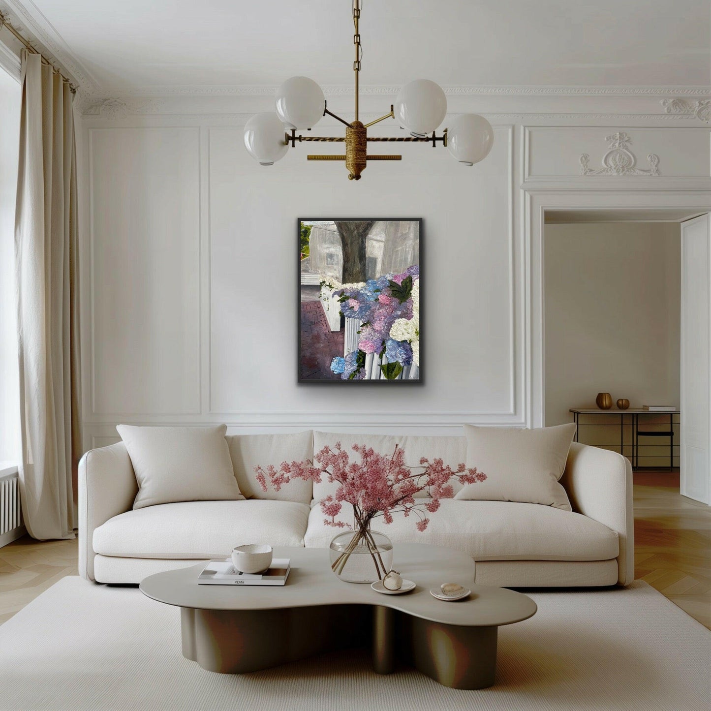 Realistic yet textured oil painting of hydrangeas and Nantucket street, designed for upscale coastal interiors.