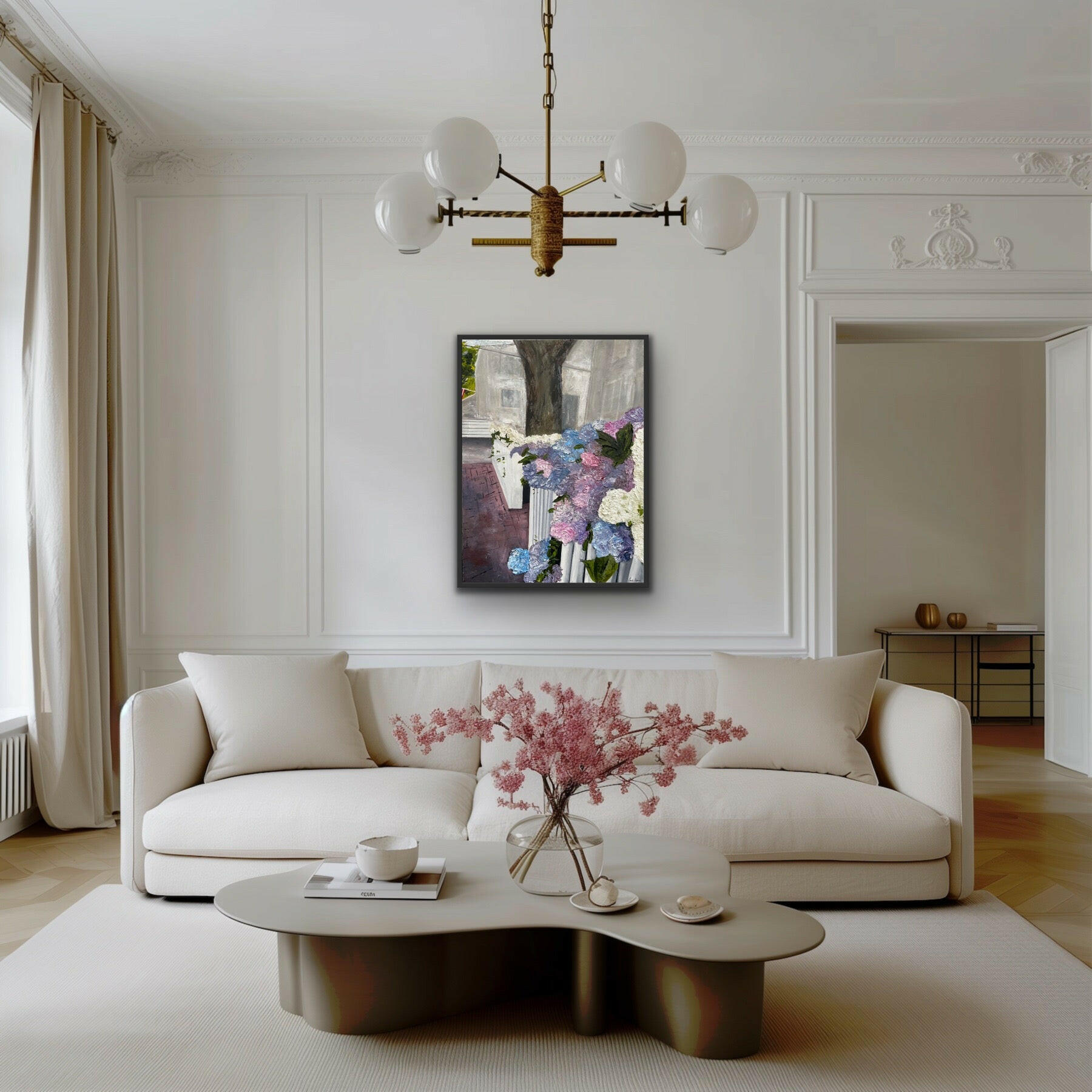 Realistic yet textured oil painting of hydrangeas and Nantucket street, designed for upscale coastal interiors.
