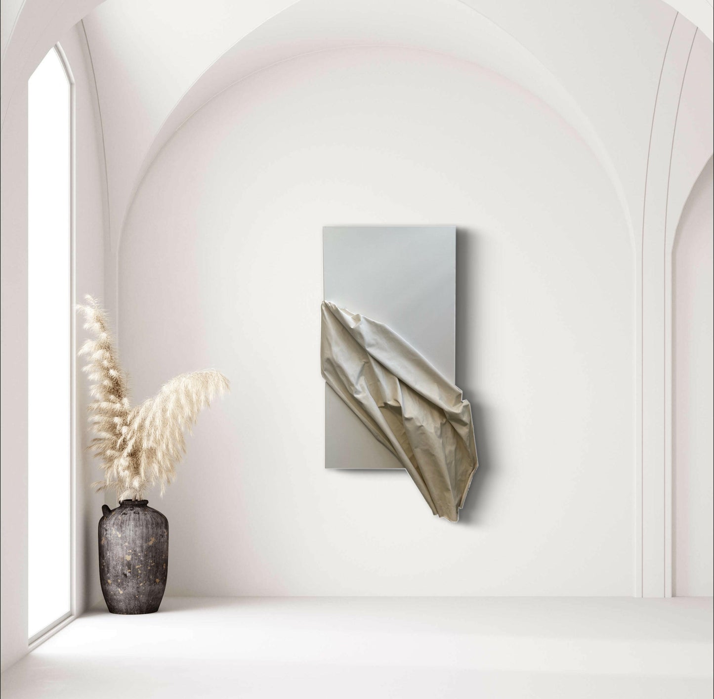 Exclusive 3D mixed media abstract art with neutral tones, combining plaster elements and luxurious texture for contemporary spaces.