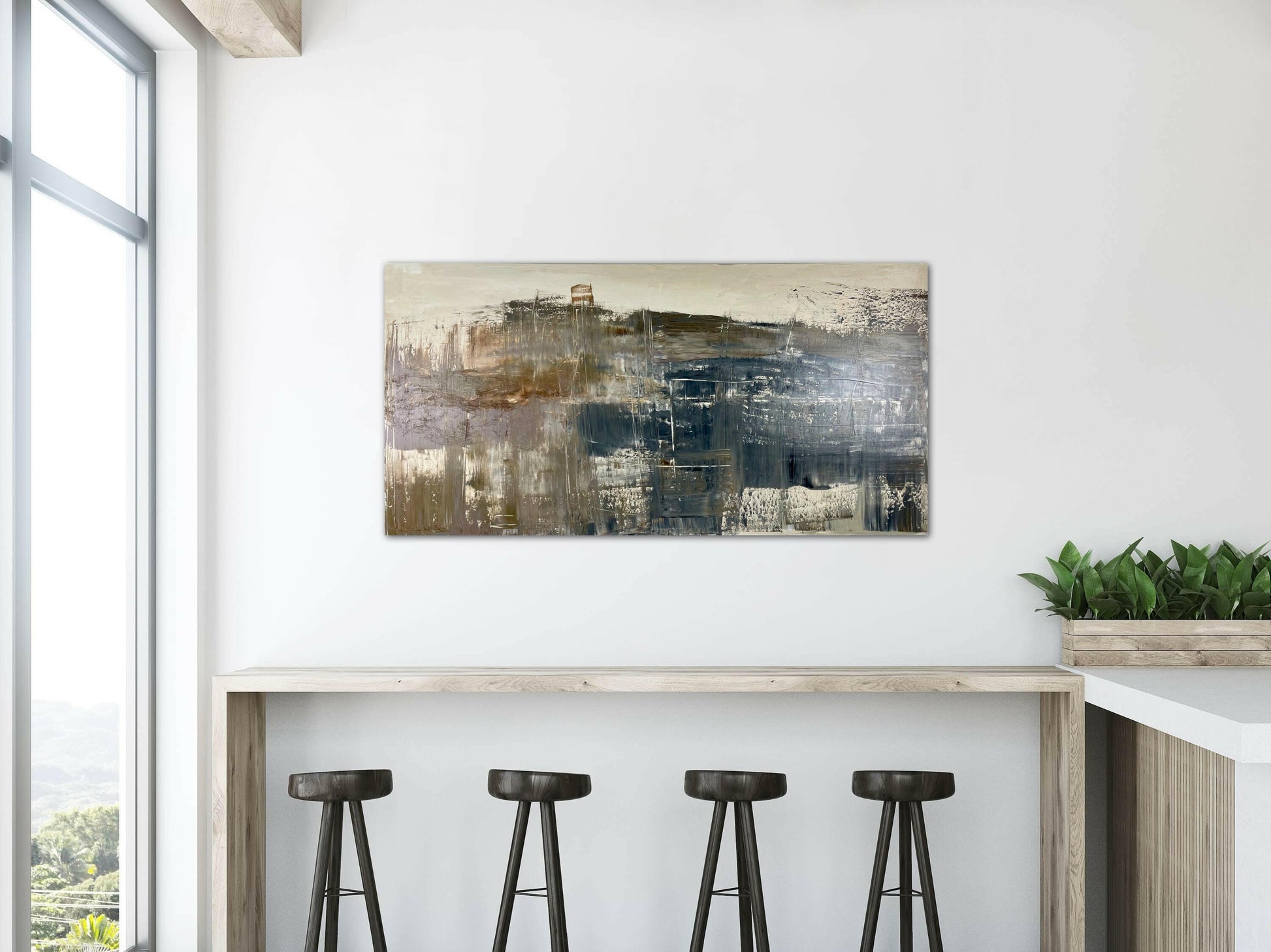 boston harbor, abstract art, front side in large restaurant with table and chairs