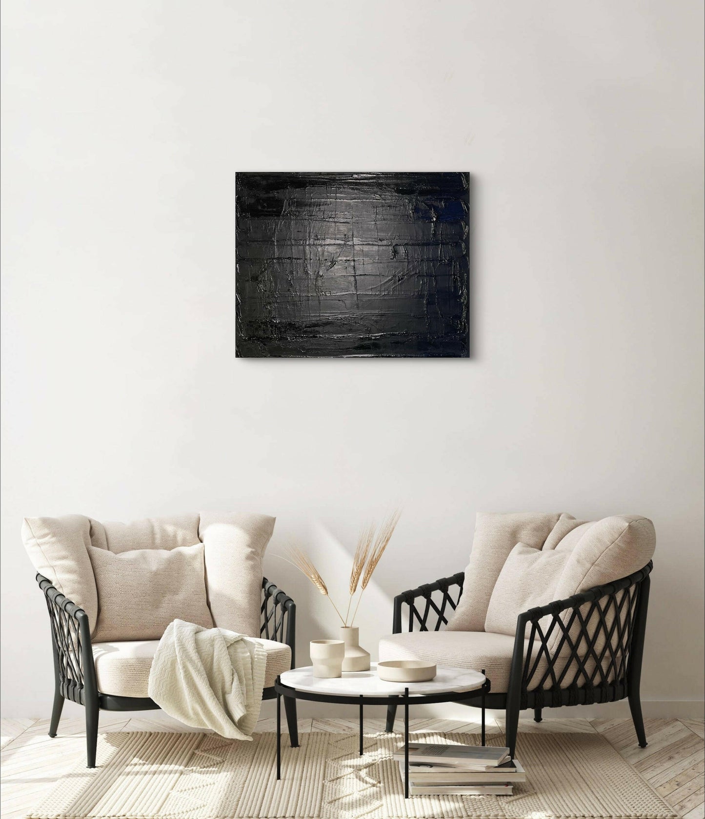 A rich abstract named Darwinism featuring heavy texture and bold shades of black perfect for luxury interiors and those seeking a neutral design.