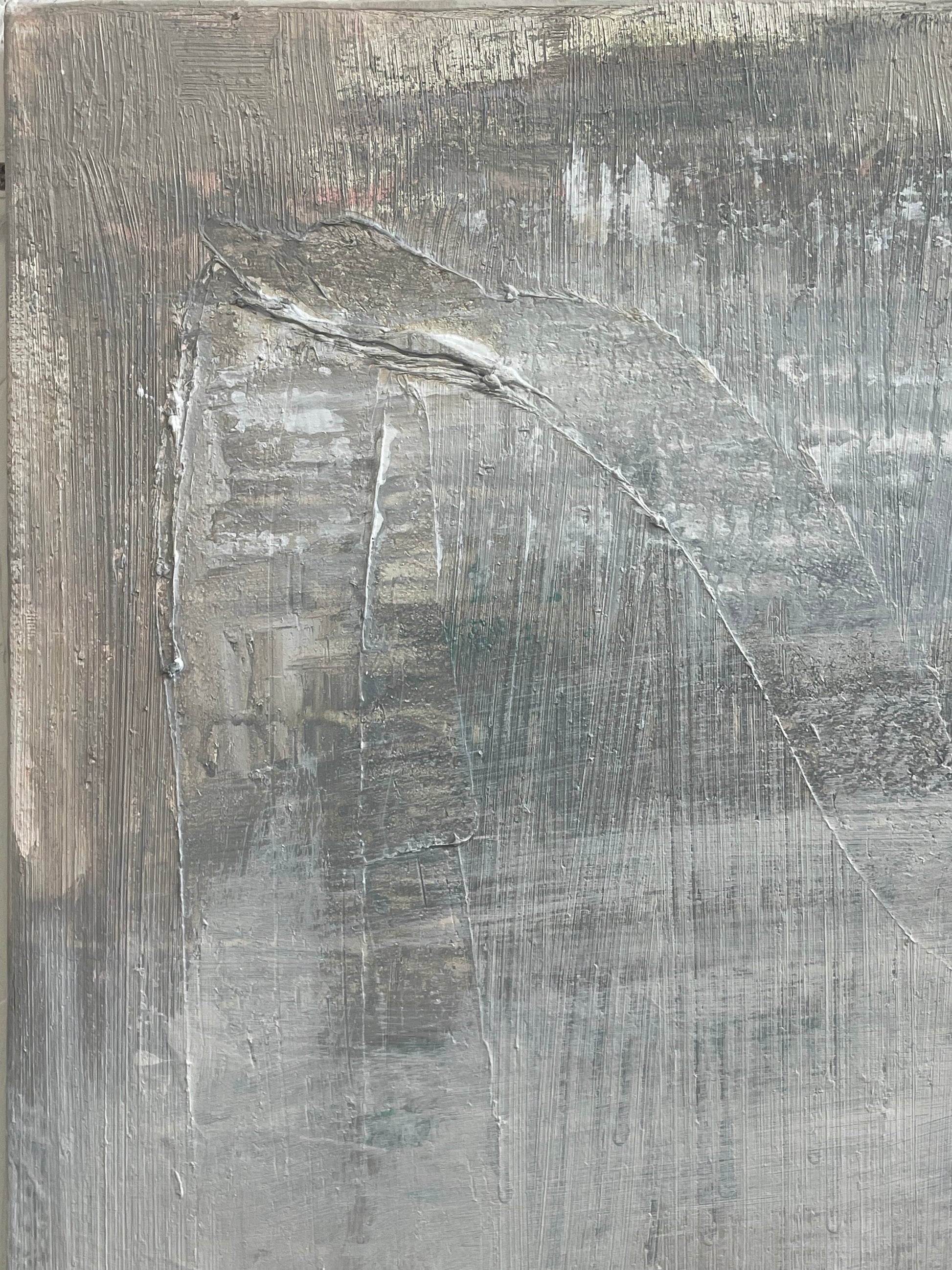 Abstract art piece with textured brush strokes in gray tones