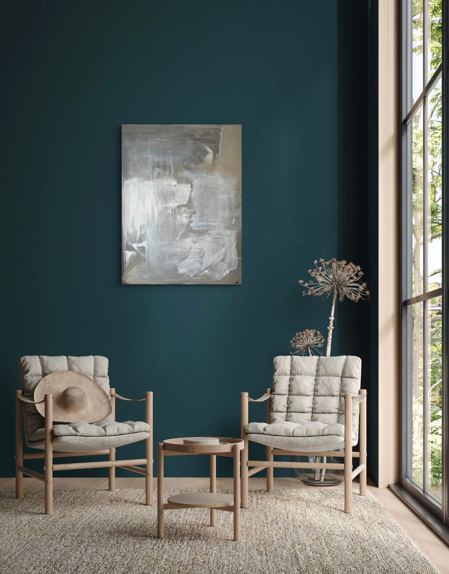 Abstract painting titled 'Man in the Middle,' featuring layered brushstrokes and balanced contrast, symbolizing presence and perspective in a complex world.