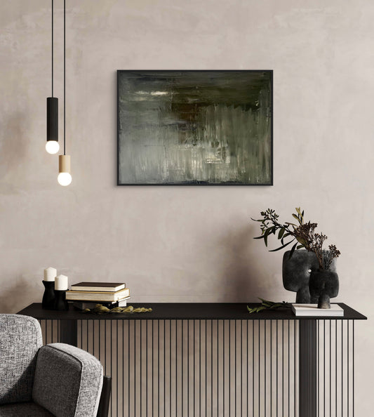 Cool and warm-toned abstract painting titled 'Winter Blues,' with layered elements of whites and deep gray accents, evoking the crisp stillness of the winter season.