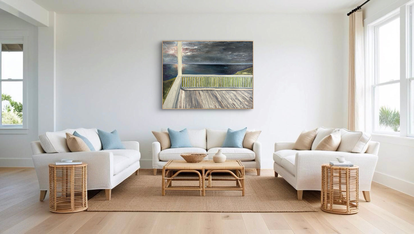 Original oil painting titled 'View from the Porch' displayed on a wall above a white sofa in a bright living room setting.