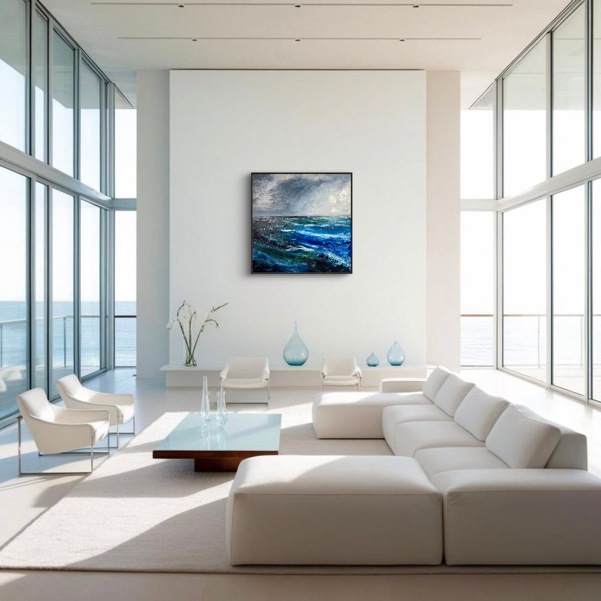Vivid blue seascape painting titled 'August,' featuring a stormy sky, crashing waves, and heavy texture, capturing the dramatic energy of the ocean.