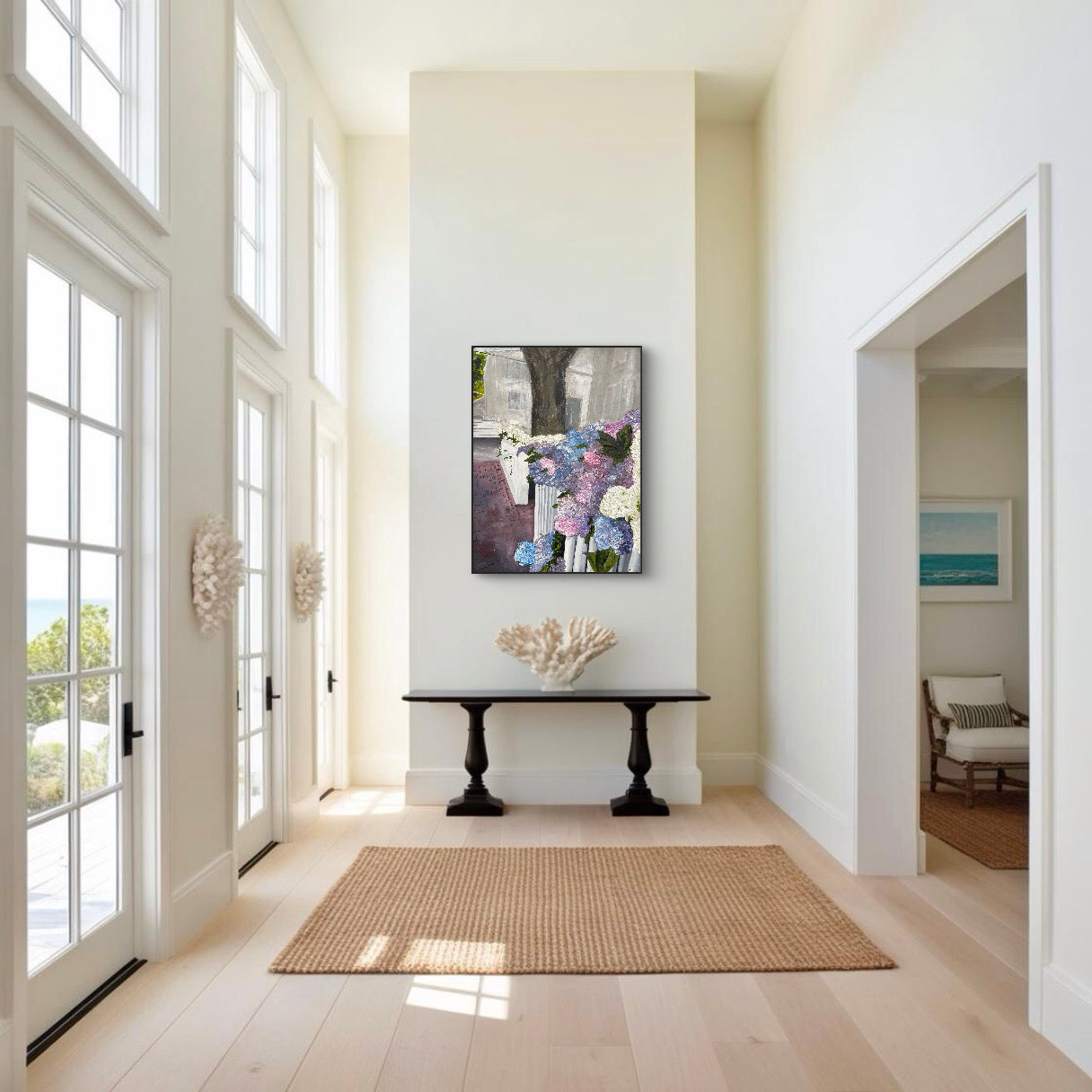 Floral-inspired abstract painting titled 'Hydrangeas on Nantucket,' featuring highly textured blooms and natural tones, capturing the essence of Nantucket’s charm.