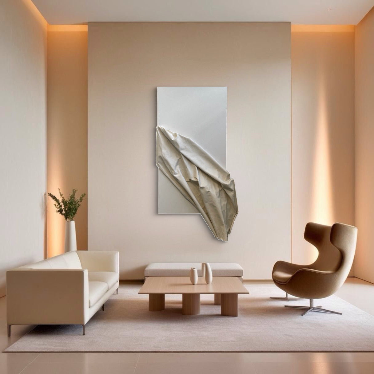 A large abstract painting titled 'Pippa' hanging on a wall in a minimalist living room setting, featuring neutral white and beige tones with textured elements.