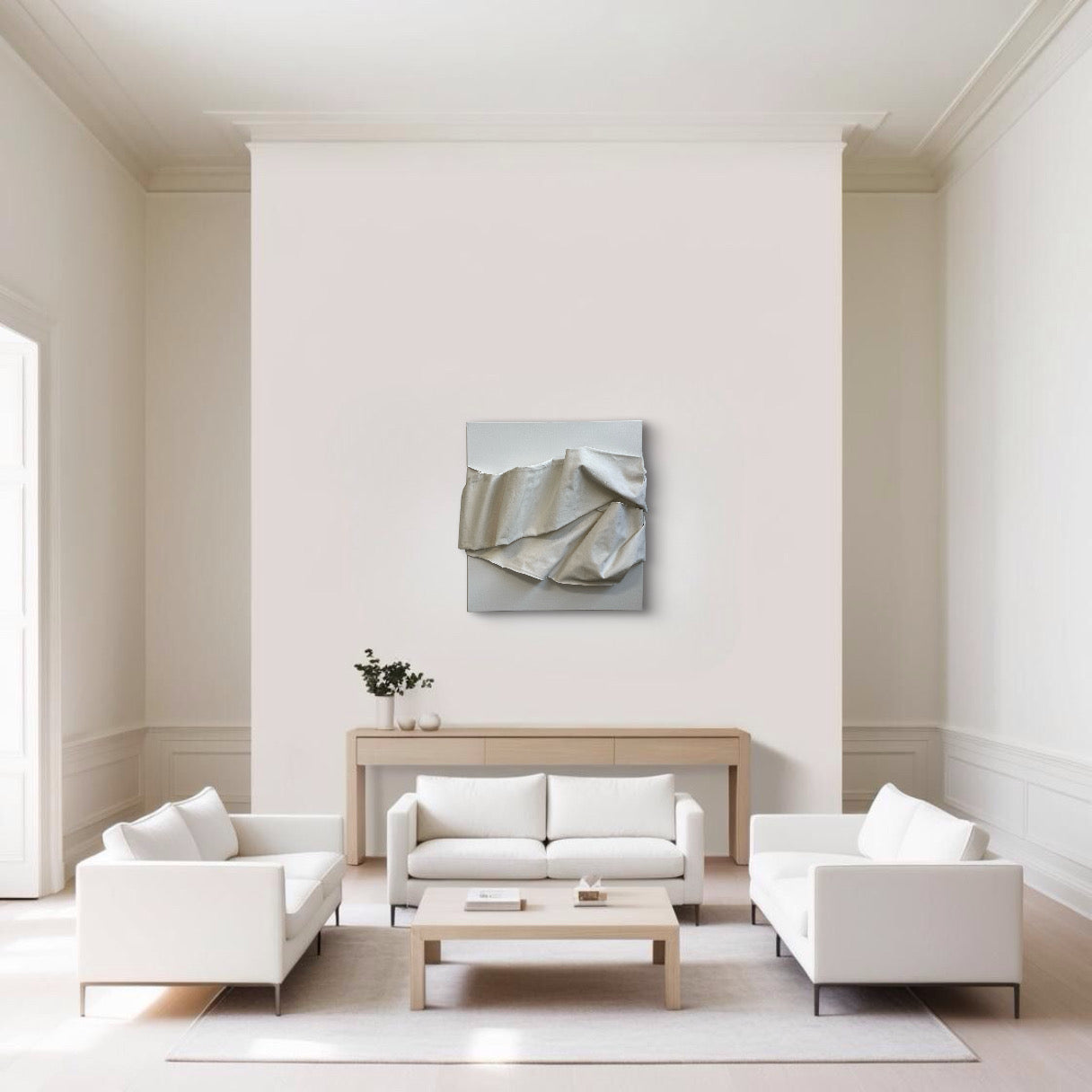 Sophia – Sculptural white mixed media painting with bold 3D texture and refined minimalist style – Caroline Adrienne Art