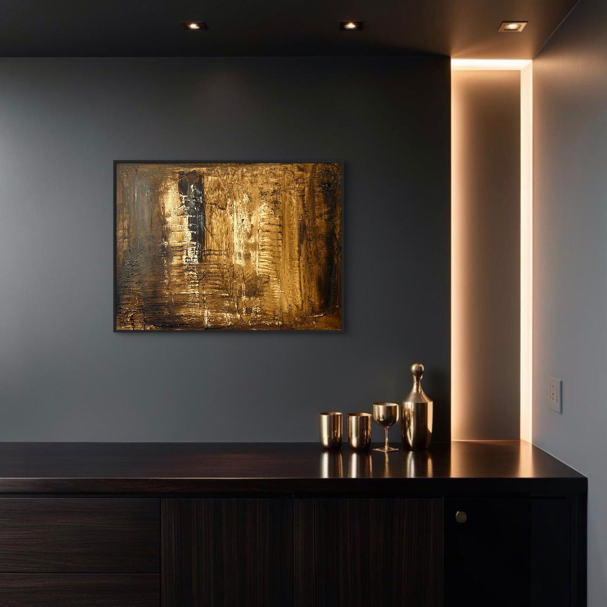 Abstract painting titled 'Espresso Martini,' with dark tones and metallic accents, capturing the sophisticated mood of the iconic cocktail.