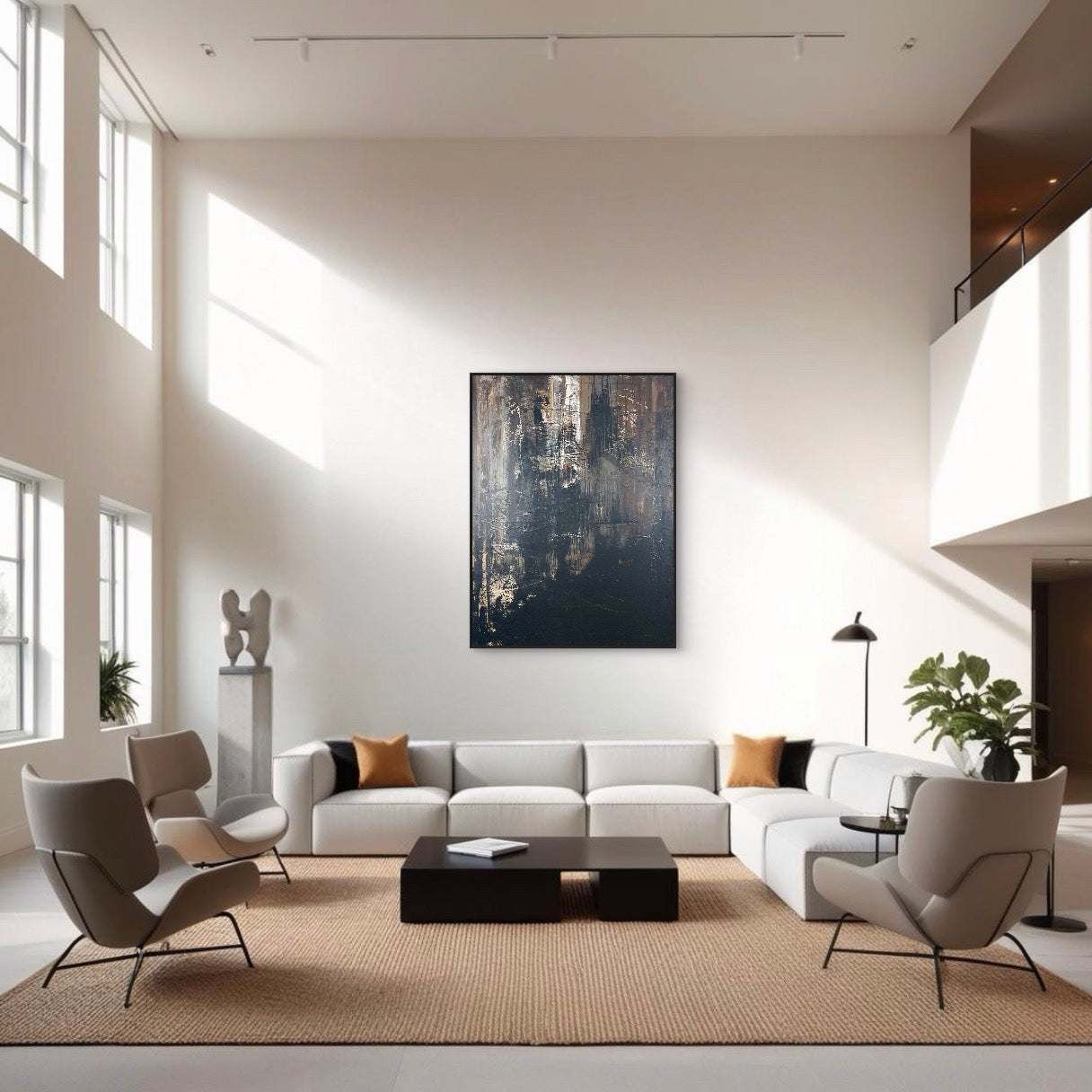 Bold abstract artwork titled 'Industrial,' with structured textures and deep, moody grays, reflecting the raw elegance of urban design.