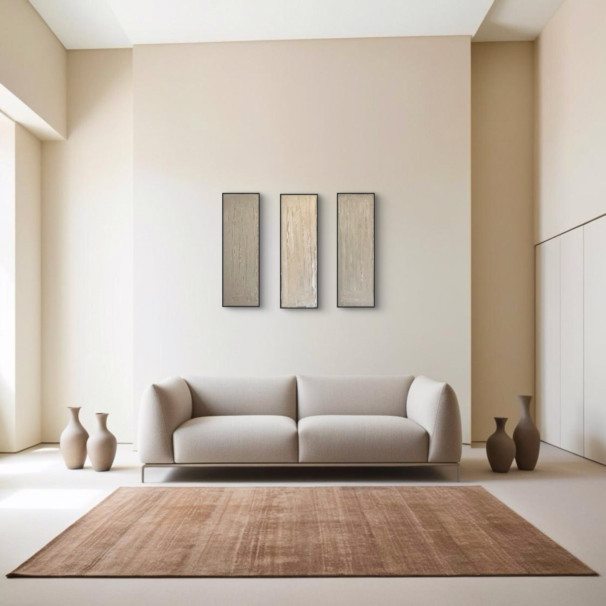 A set of three abstract art oil paintings displayed on a wall above a beige sofa, with decorative vases on the floor and a large area rug beneath the sofa.