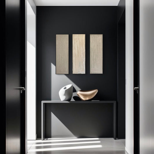 ‘Three’s Company’ – Abstract artwork with bold composition and layered textures symbolizing connection and balance – Caroline Adrienne Art