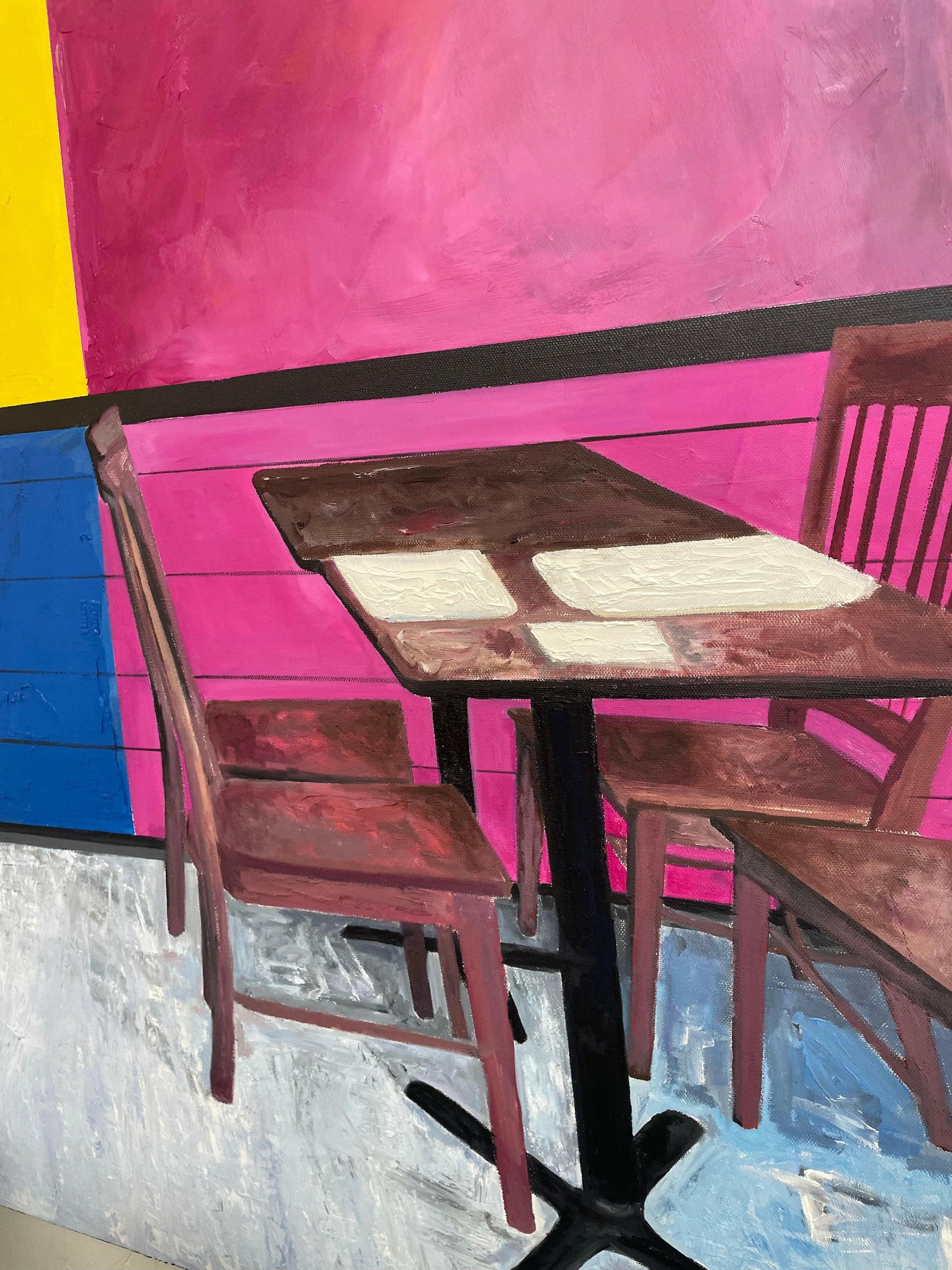 Close-up view of the textured details in the “Local Mexican Restaurant” painting, highlighting vibrant colors and dynamic brushstrokes that bring the scene to life.