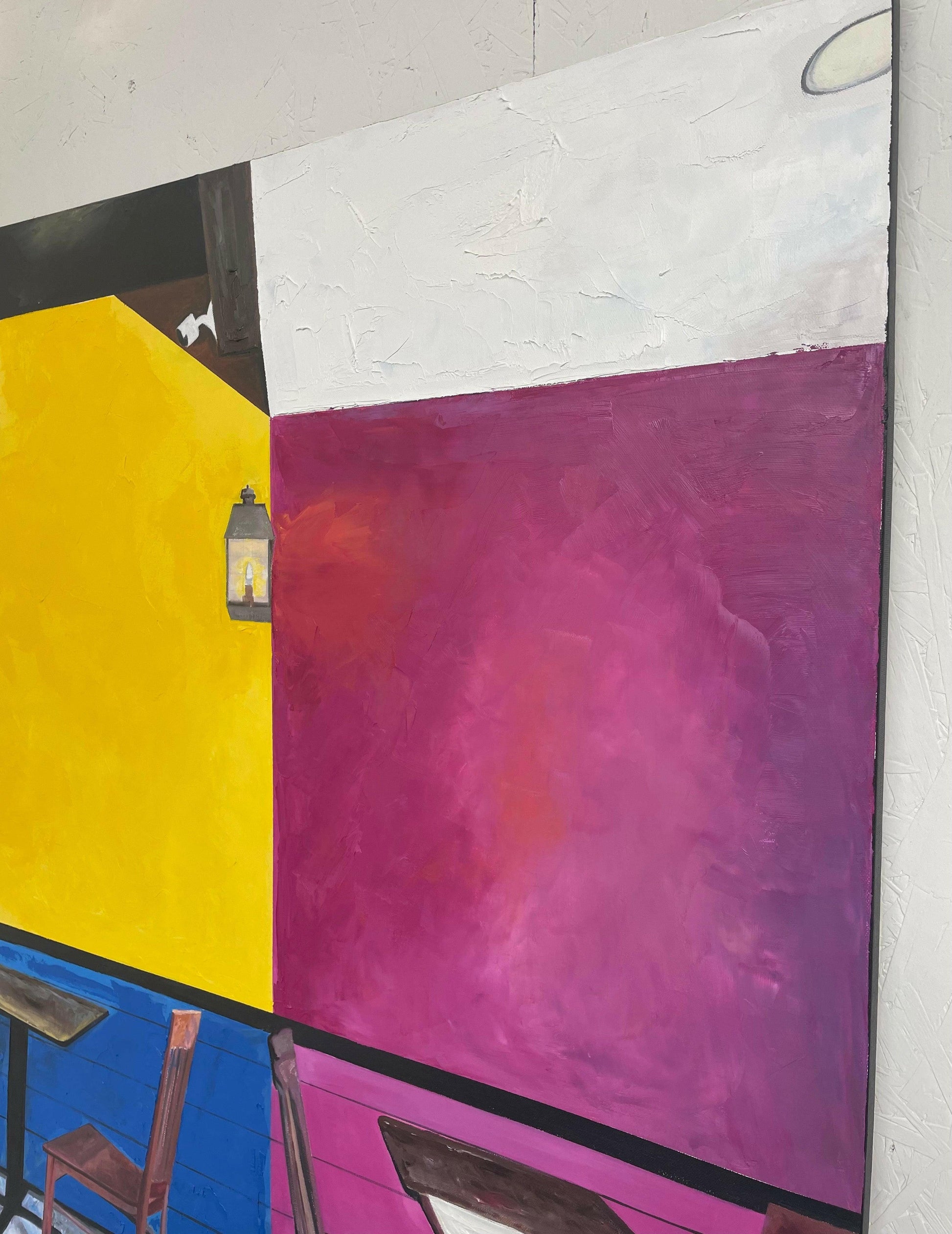 Natural light reflecting off the textured layers of the “Local Mexican Restaurant” painting, highlighting its rich color contrasts and dynamic movement in the scene.