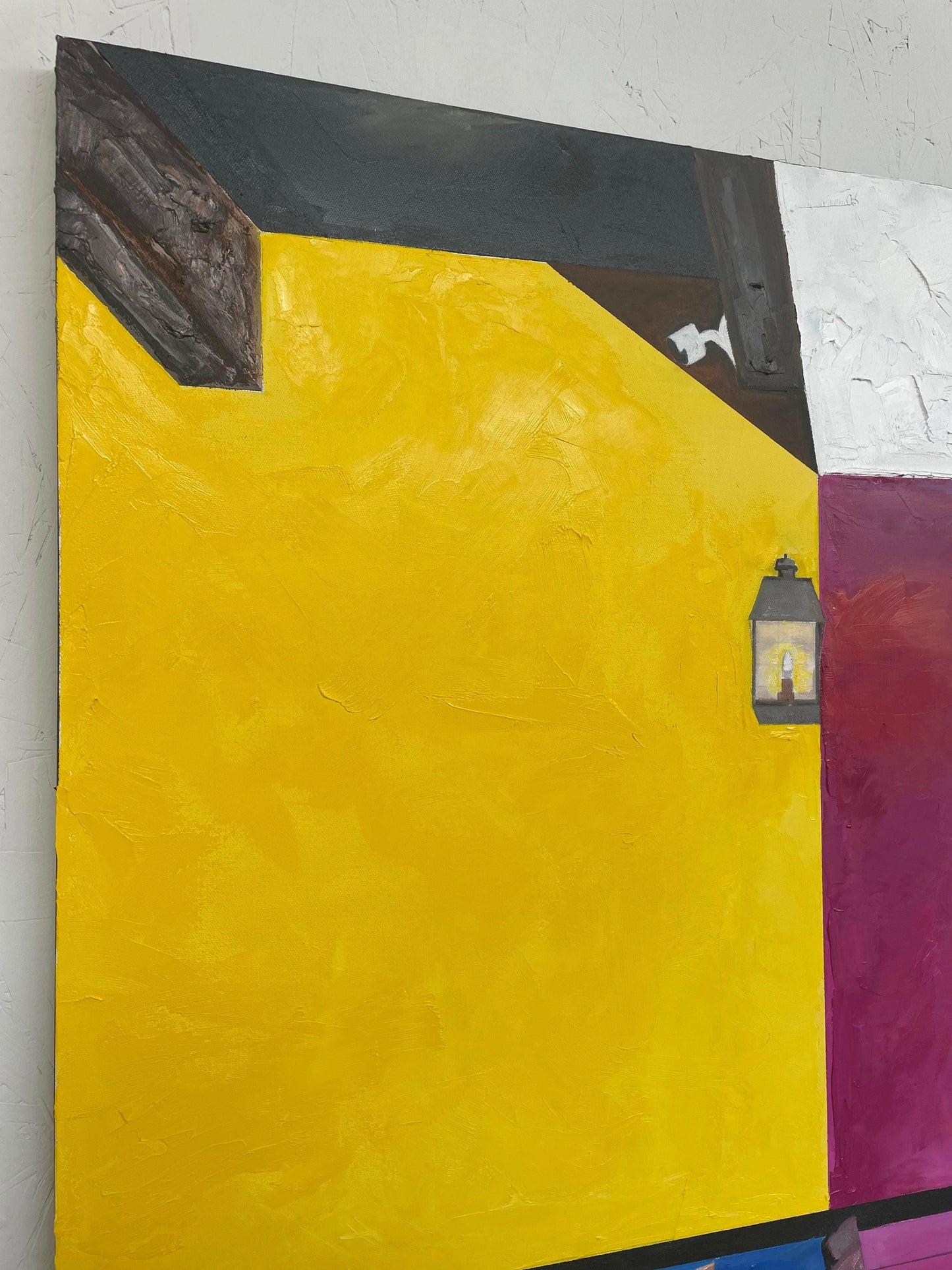 Natural light reflecting off the textured layers of the “Local Mexican Restaurant” painting, highlighting its rich color contrasts and dynamic movement in the scene.