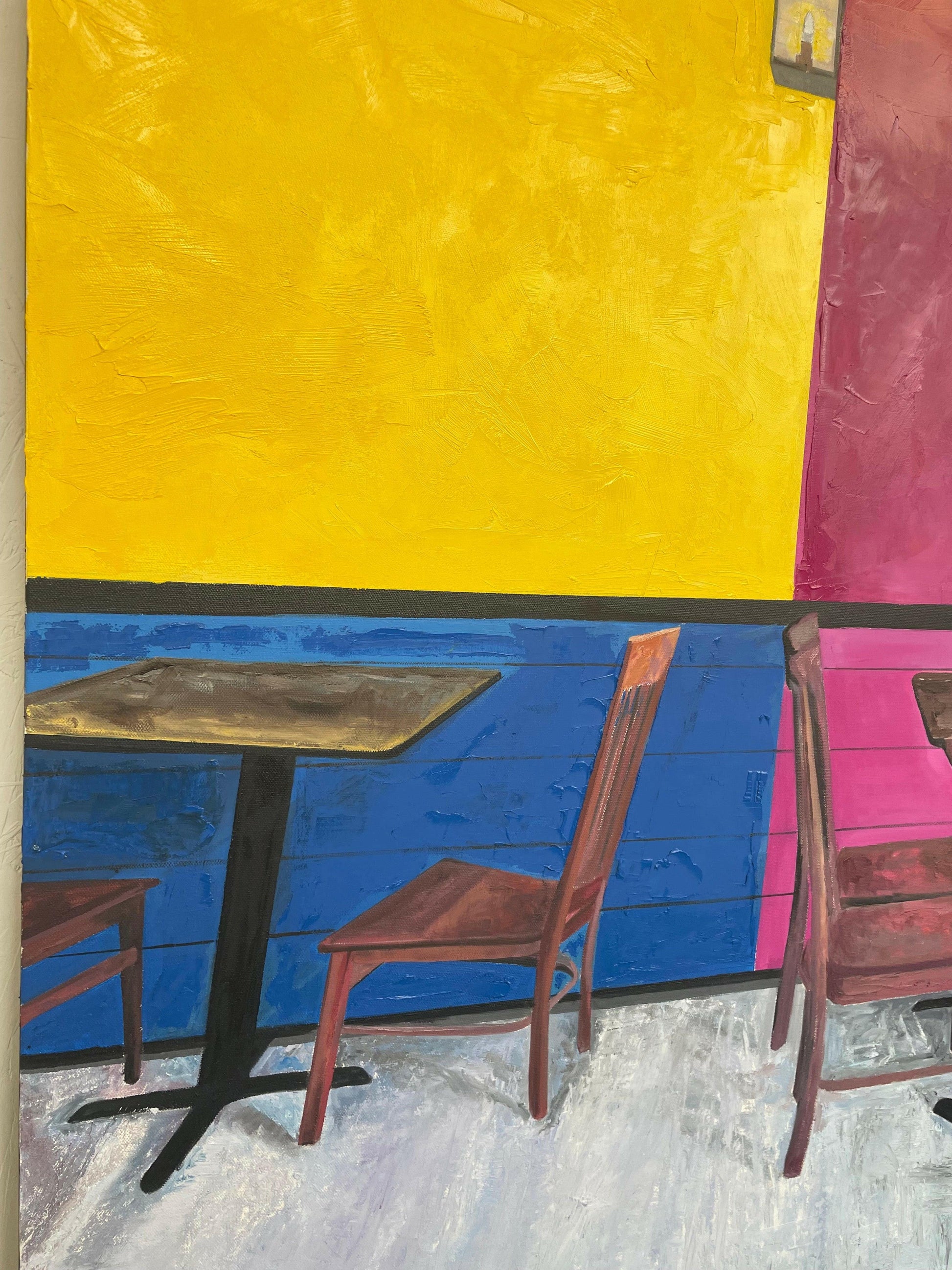 Side angle of “Local Mexican Restaurant” painting, emphasizing the vibrant color palette and energetic ambiance, ideal for adding personality to contemporary interiors.