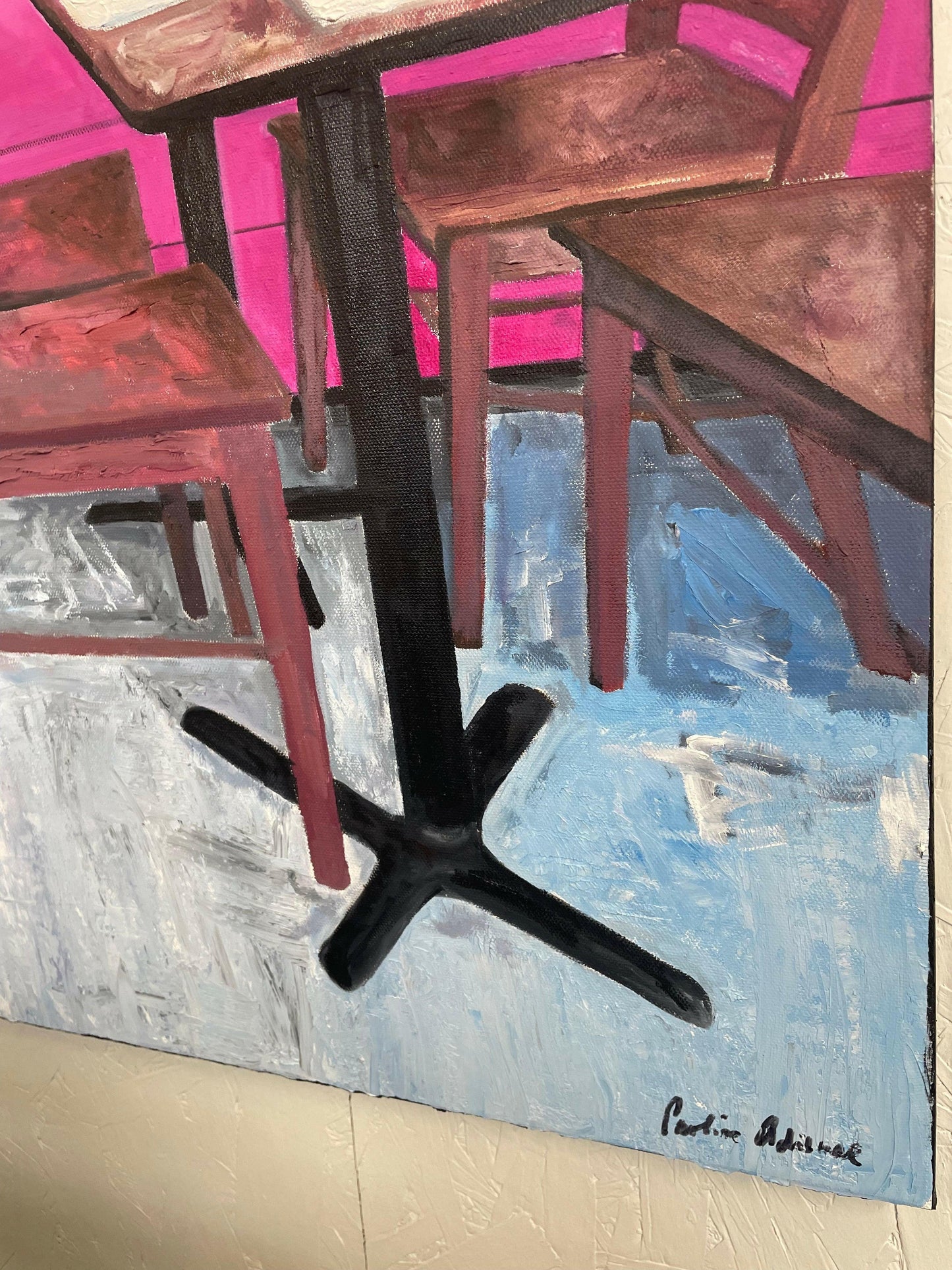 Side angle of “Local Mexican Restaurant” painting, emphasizing the vibrant color palette and energetic ambiance, ideal for adding personality to contemporary interiors.