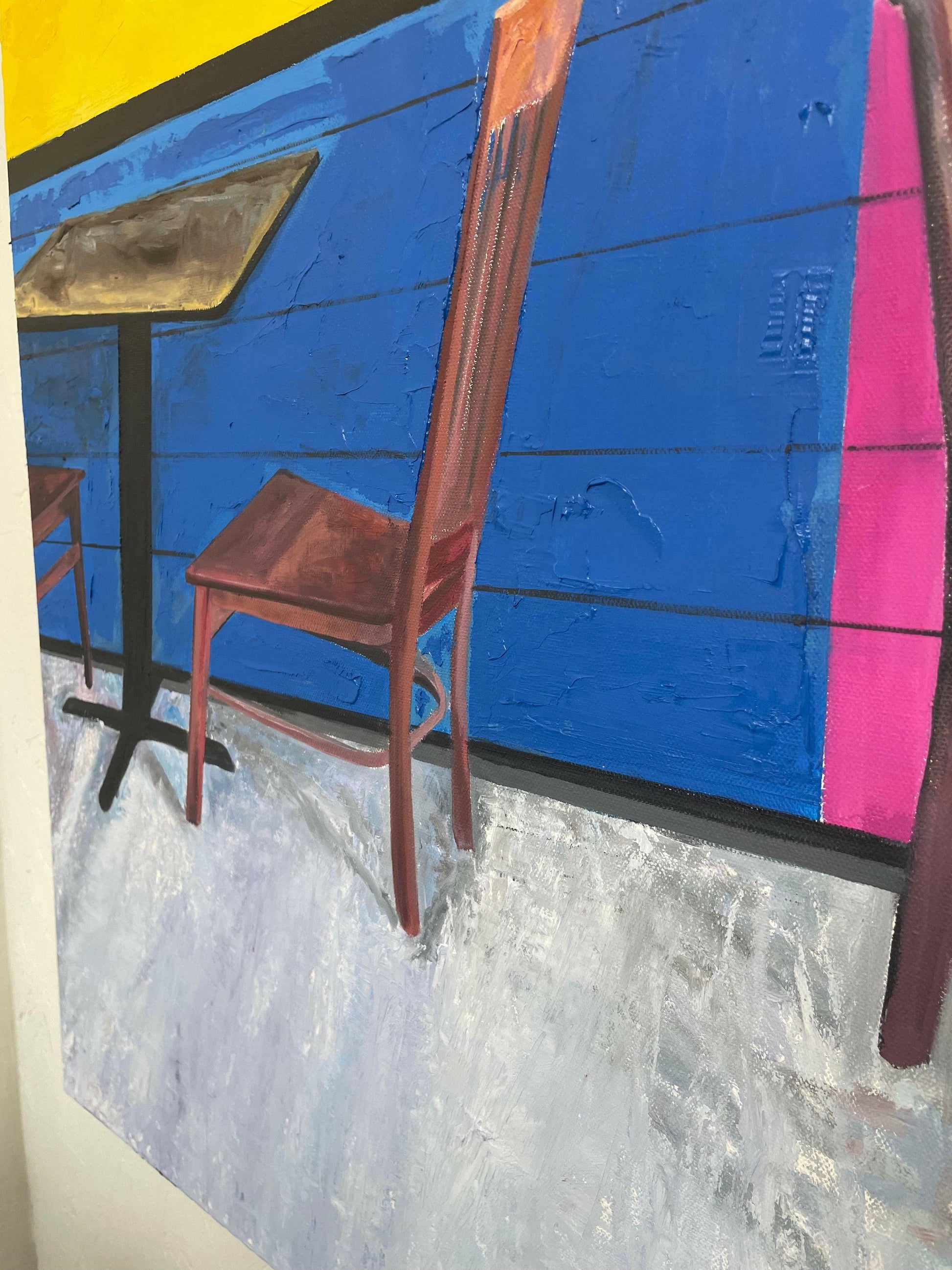 Side angle of “Local Mexican Restaurant” painting, emphasizing the vibrant color palette and energetic ambiance, ideal for adding personality to contemporary interiors.