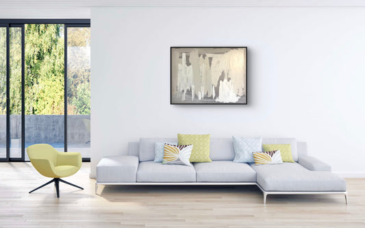 ‘Disguise’ – Minimal abstract painting with layered gray tones and subtle texture, exploring themes of concealment and quiet transformation – Caroline Adrienne Art