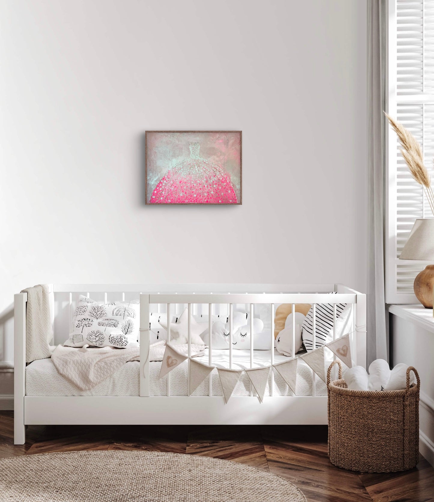 Abstract artwork titled 'Madeline,' with graceful composition and warm tones of pink, white ,and beige, designed to bring elegance and depth to luxury interiors.
