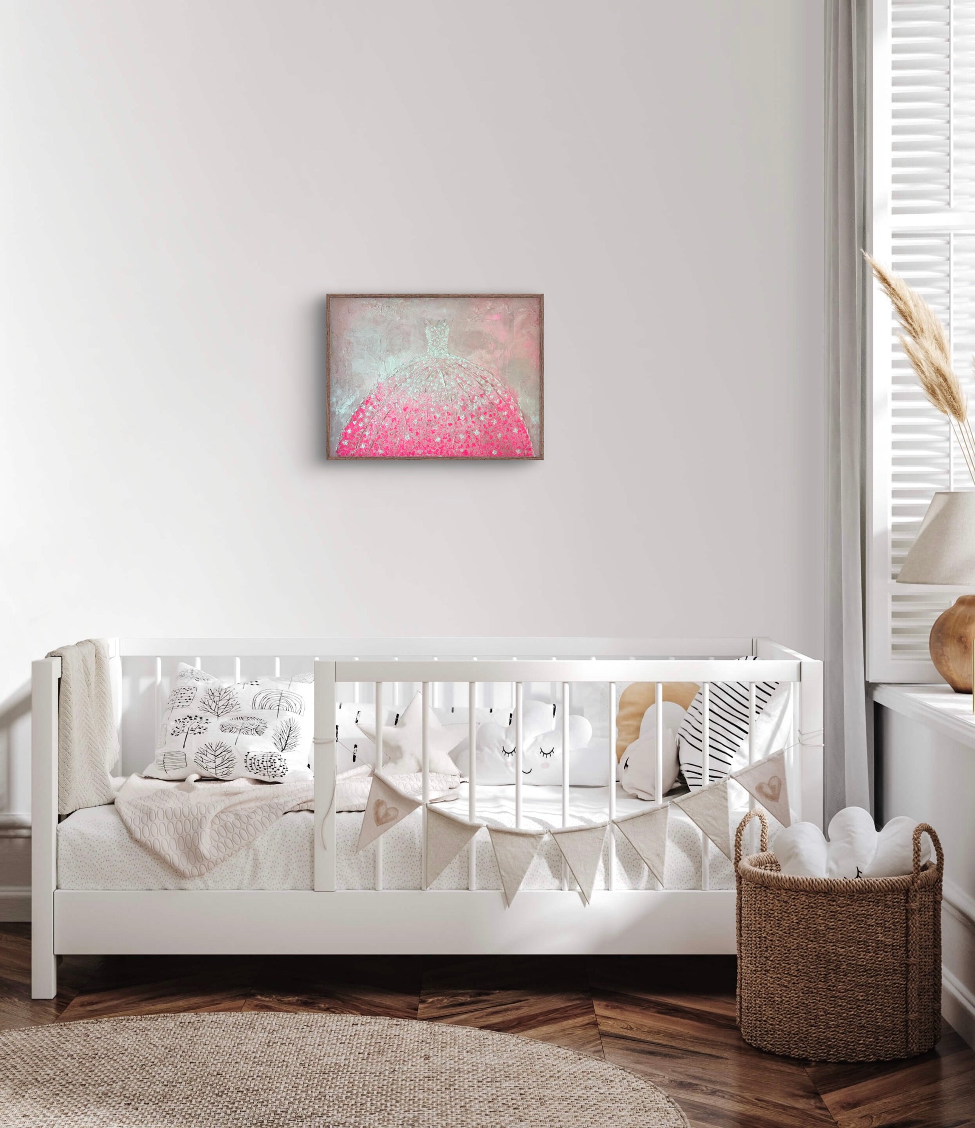 Abstract artwork titled 'Madeline,' with graceful composition and warm tones of pink, white ,and beige, designed to bring elegance and depth to luxury interiors.