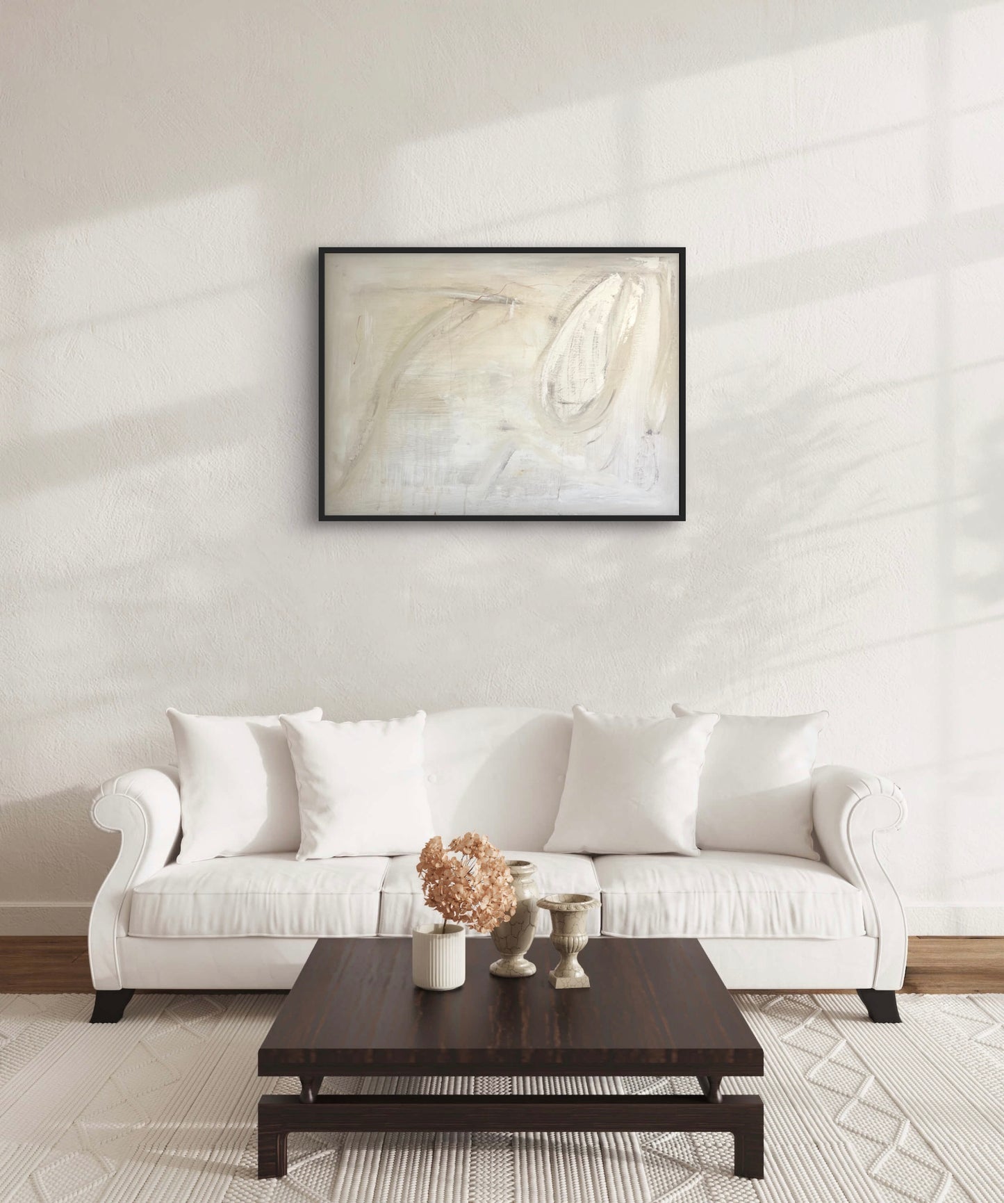 Soft and elegant abstract painting titled 'Bridal Shower,' with delicate whites and flowing textures, evoking the beauty and grace of a special occasion.