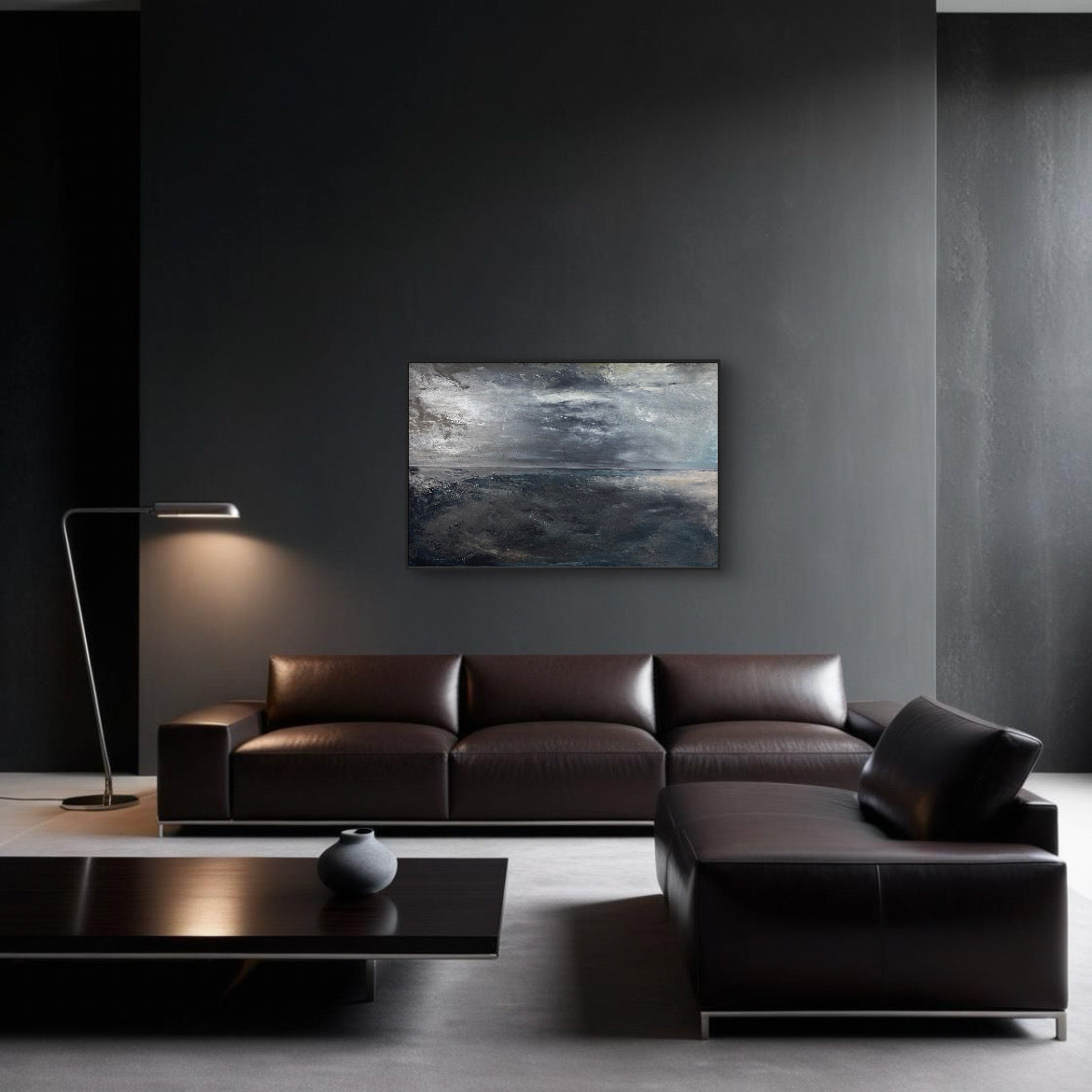 A Storm is Brewing – Dramatic abstract painting with moody blues and expressive texture – Caroline Adrienne Art