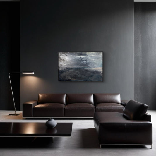 A Storm is Brewing – Dramatic abstract painting with moody blues and expressive texture – Caroline Adrienne Art