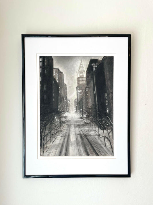 ‘New York Skyline’ – Framed charcoal drawing on paper capturing Manhattan’s iconic skyline with textured marks and architectural depth – Caroline Adrienne Art