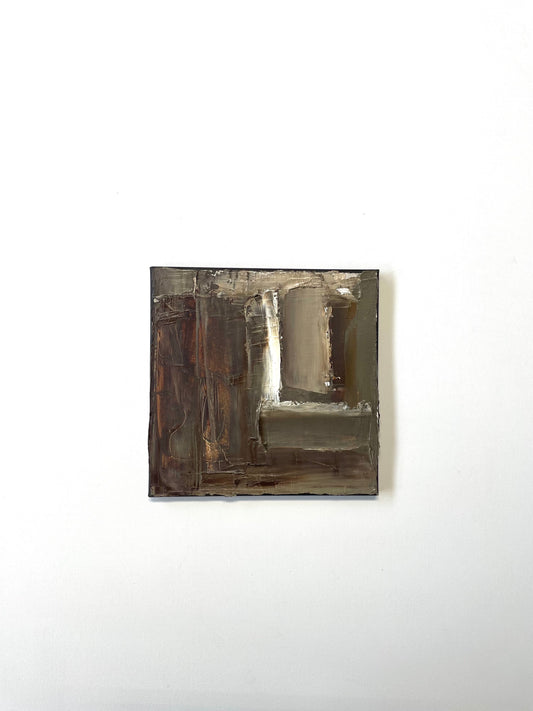 Square abstract brown painting by Caroline Adrienne with a textured surface on a white wall