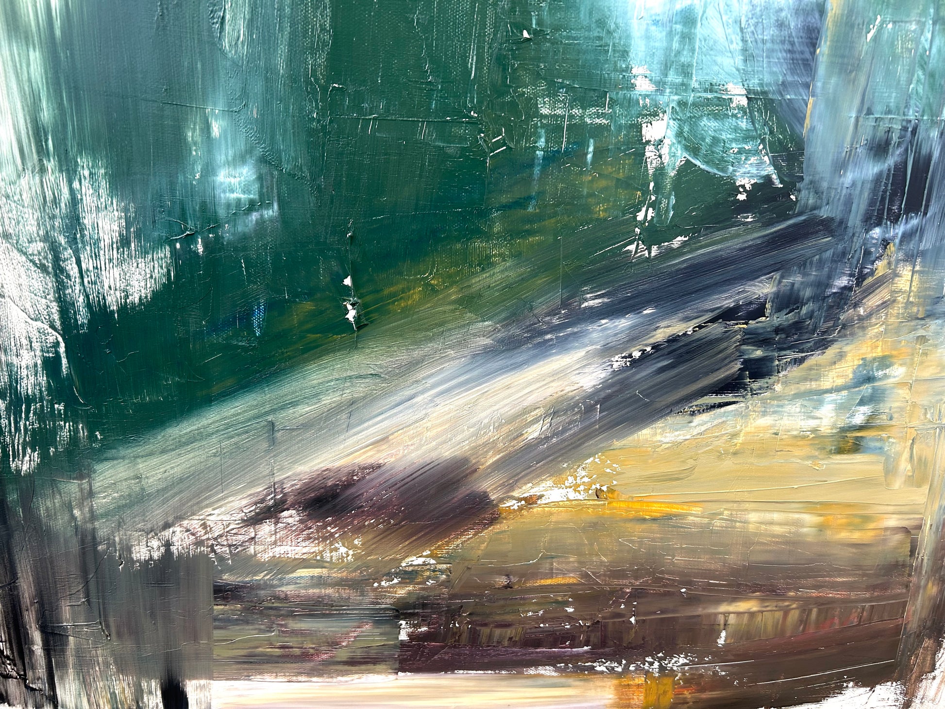 close up textured abstract painting with blues, greens, blacks, and browns